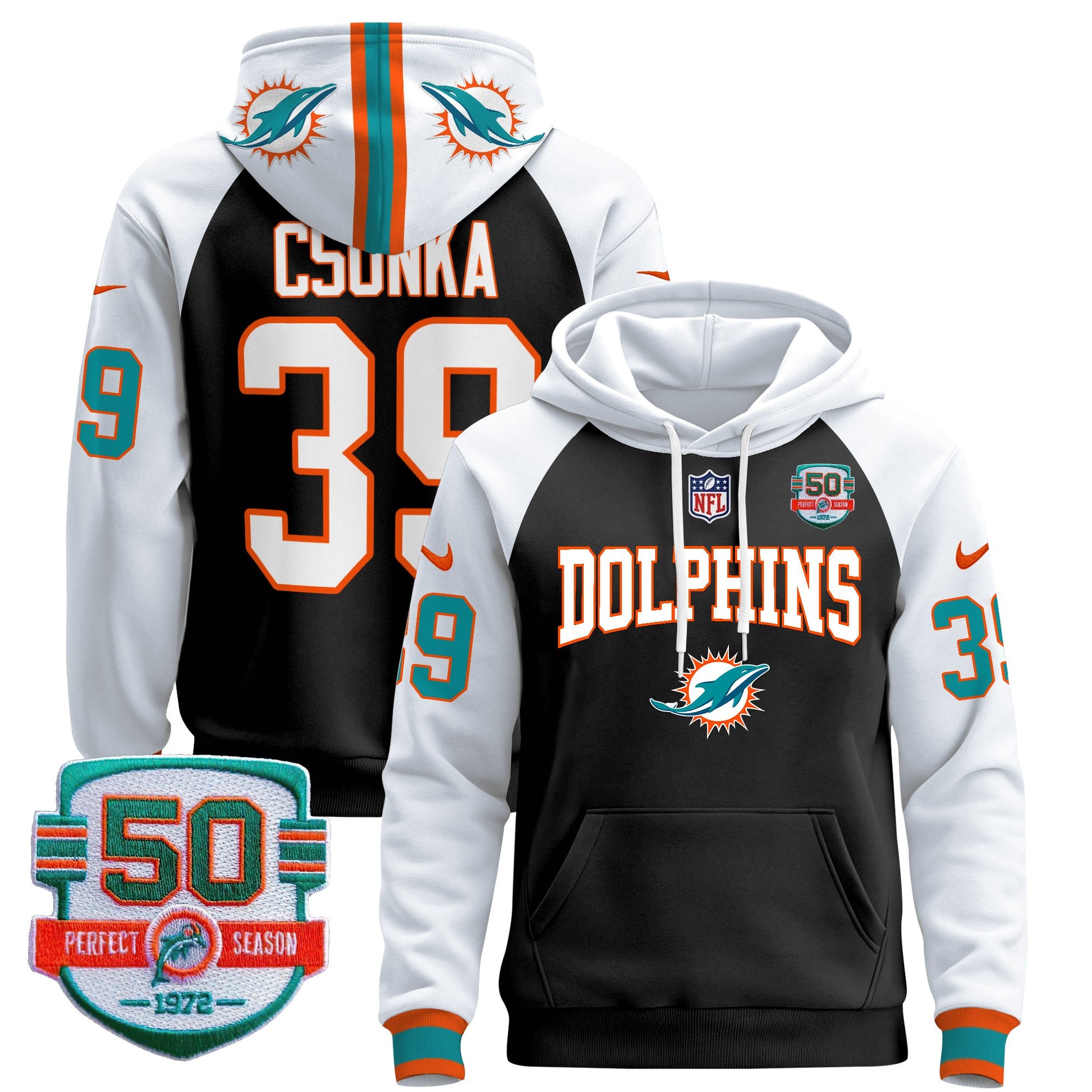 Men's Dolphins 50th 1972 Perfect Season Patch Pullover Hoodie V2 - All Stitched