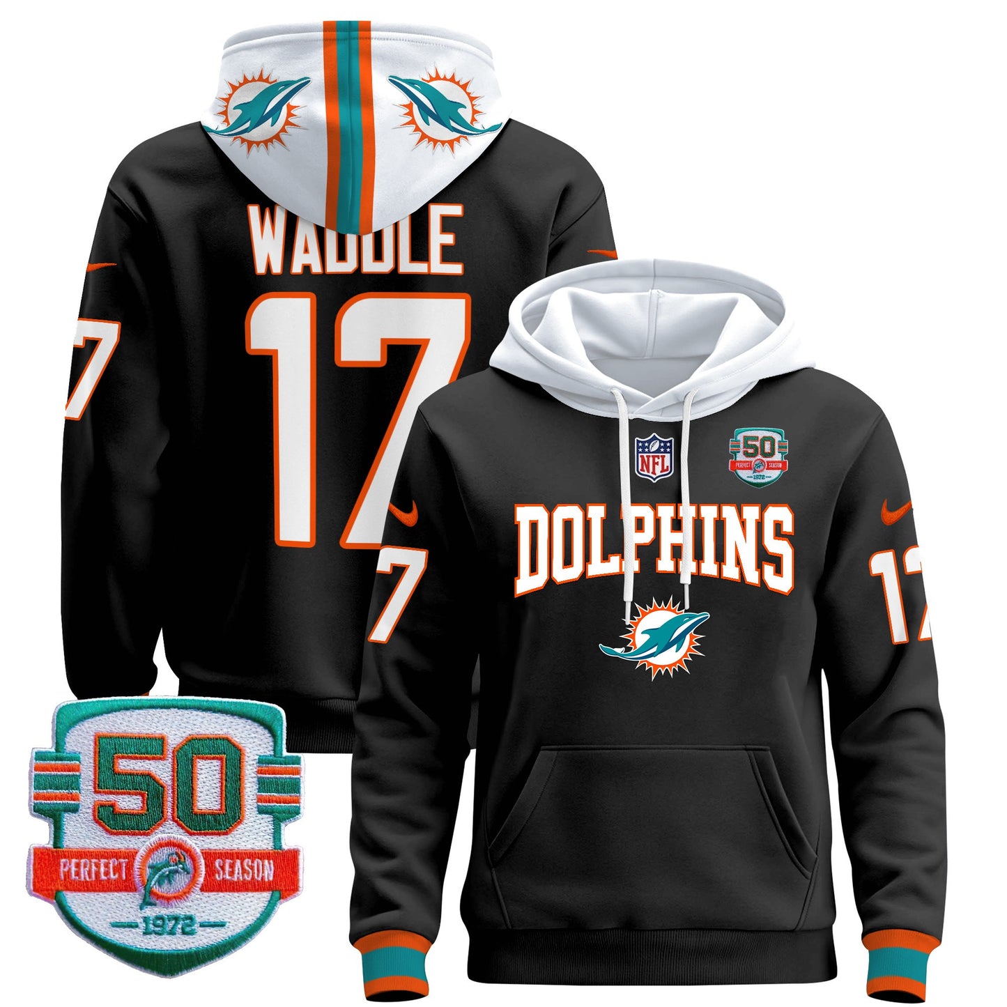 Men's Dolphins 50th 1972 Perfect Season Patch Pullover Hoodie V2 - All Stitched