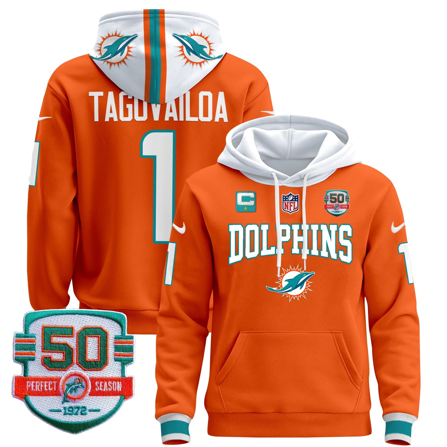 Men's Dolphins 50th 1972 Perfect Season Patch Pullover Hoodie V2 - All Stitched