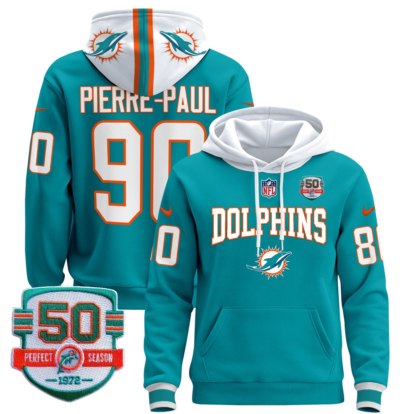 Men's Dolphins 50th 1972 Perfect Season Patch Pullover Hoodie V2 - All Stitched