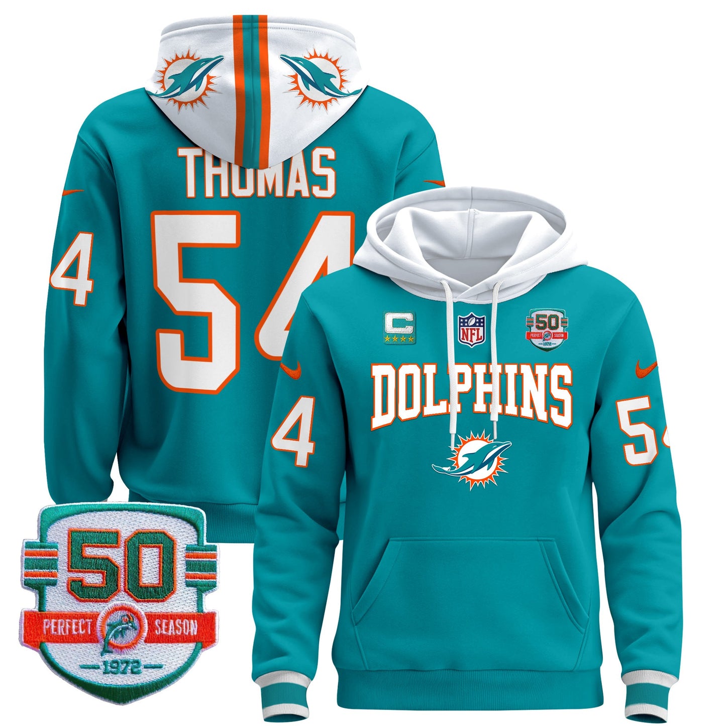 Men's Dolphins 50th 1972 Perfect Season Patch Pullover Hoodie V2 - All Stitched