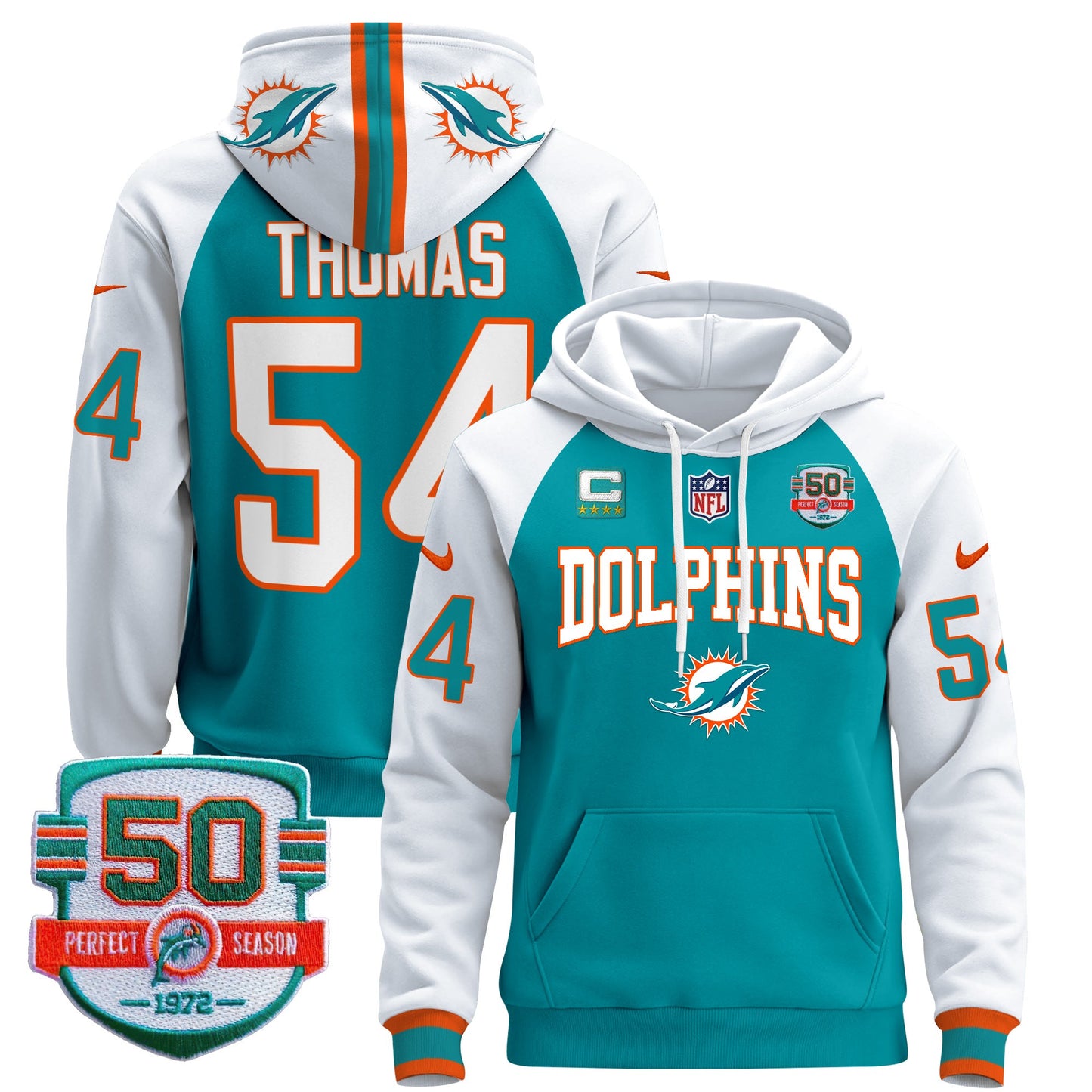 Men's Dolphins 50th 1972 Perfect Season Patch Pullover Hoodie V2 - All Stitched