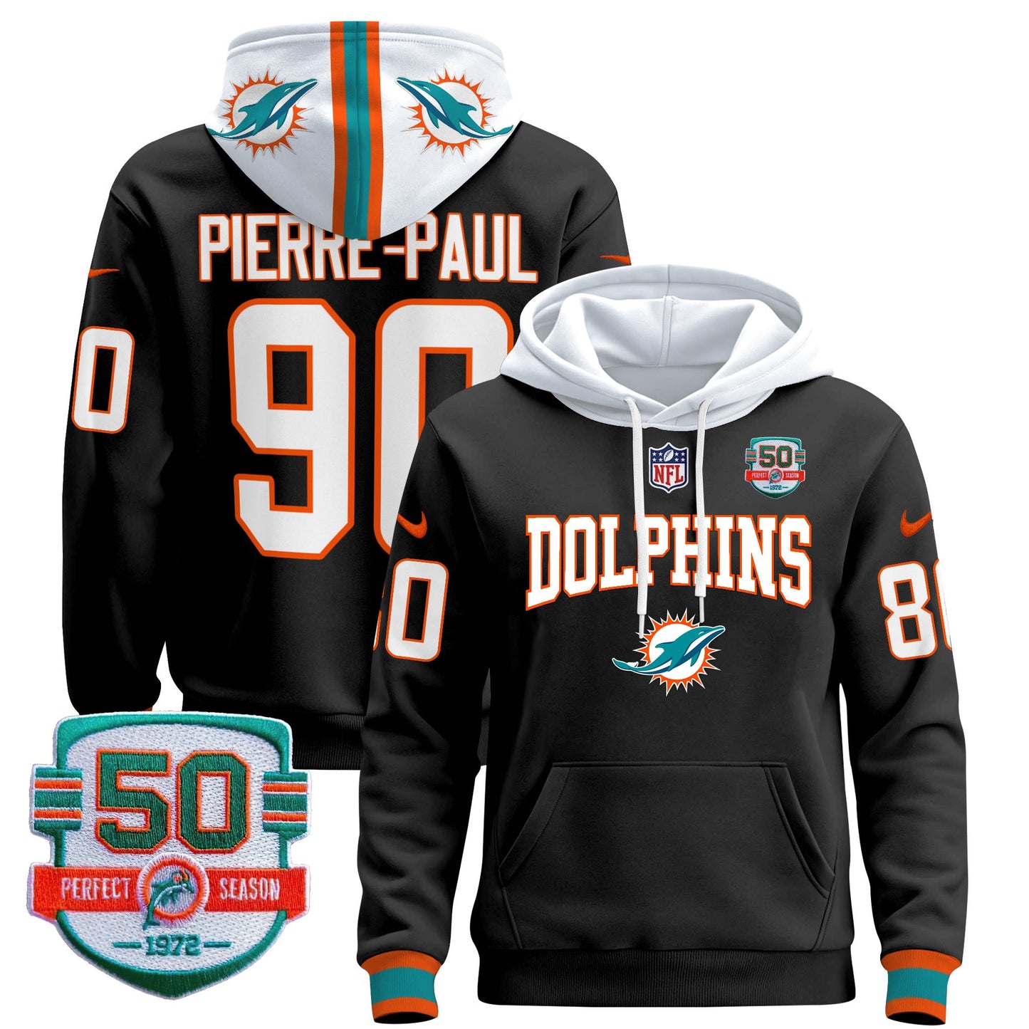 Men's Dolphins 50th 1972 Perfect Season Patch Pullover Hoodie V2 - All Stitched