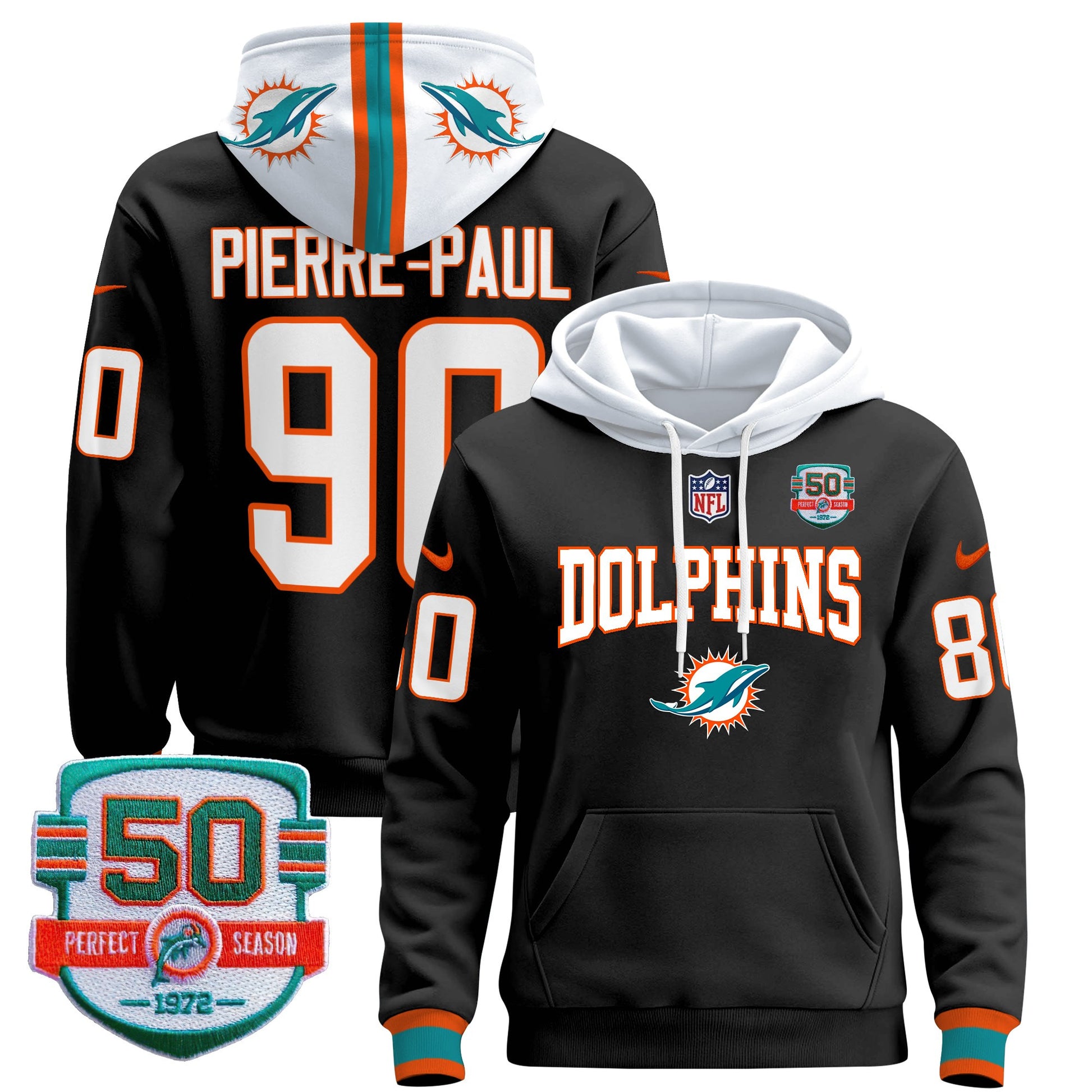 Men's Dolphins 50th 1972 Perfect Season Patch Pullover Hoodie V2 - All Stitched