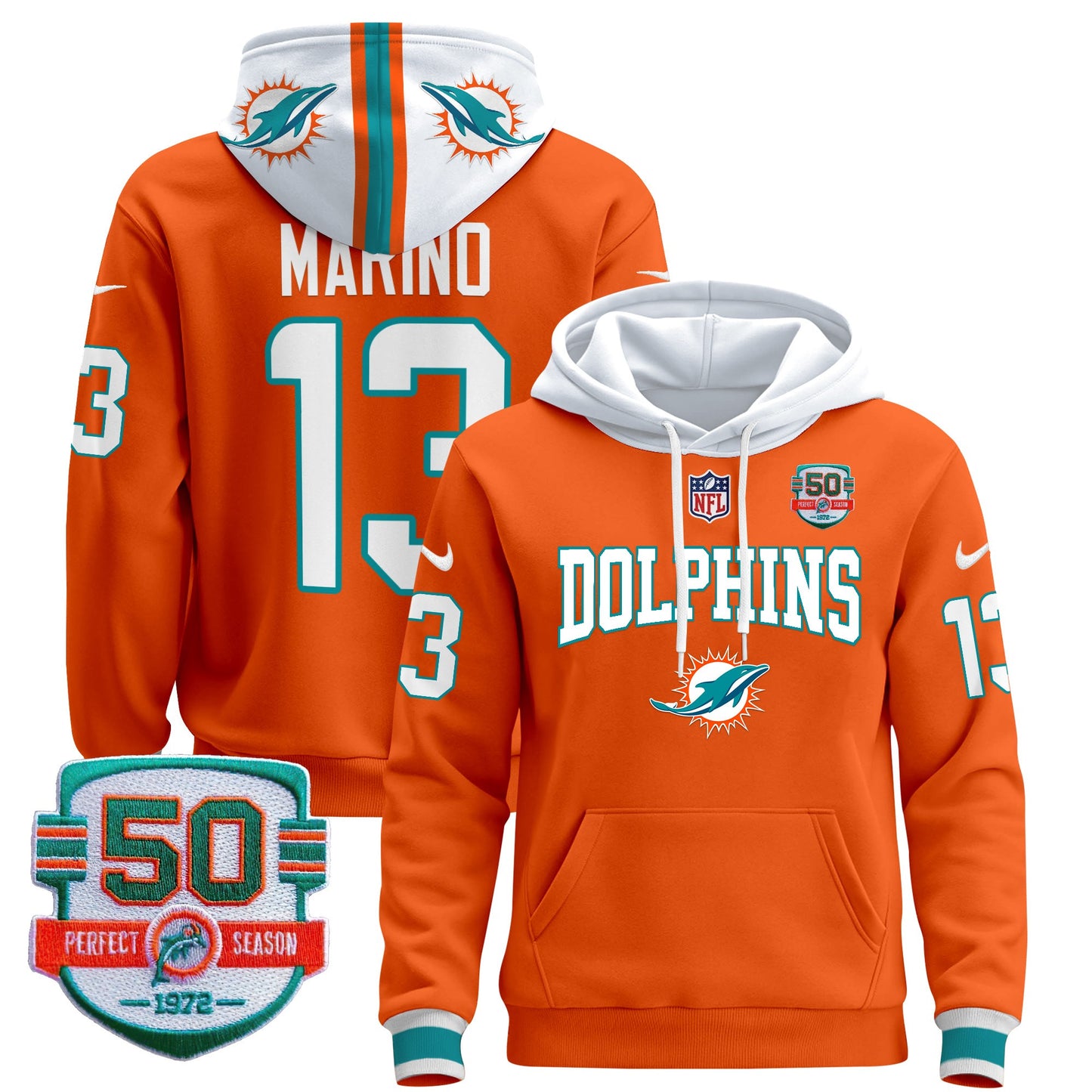 Men's Dolphins 50th 1972 Perfect Season Patch Pullover Hoodie V2 - All Stitched
