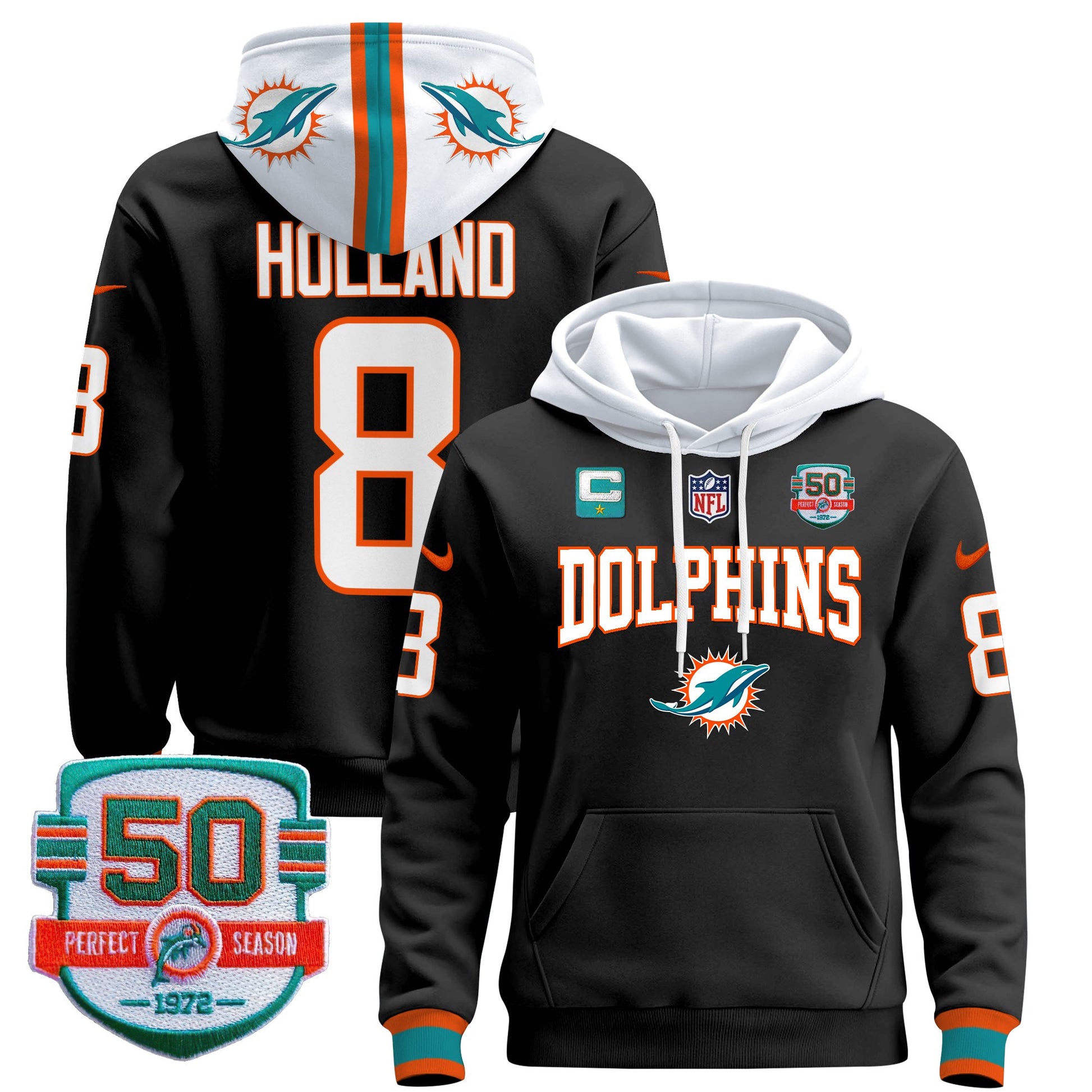 Men's Dolphins 50th 1972 Perfect Season Patch Pullover Hoodie V2 - All Stitched