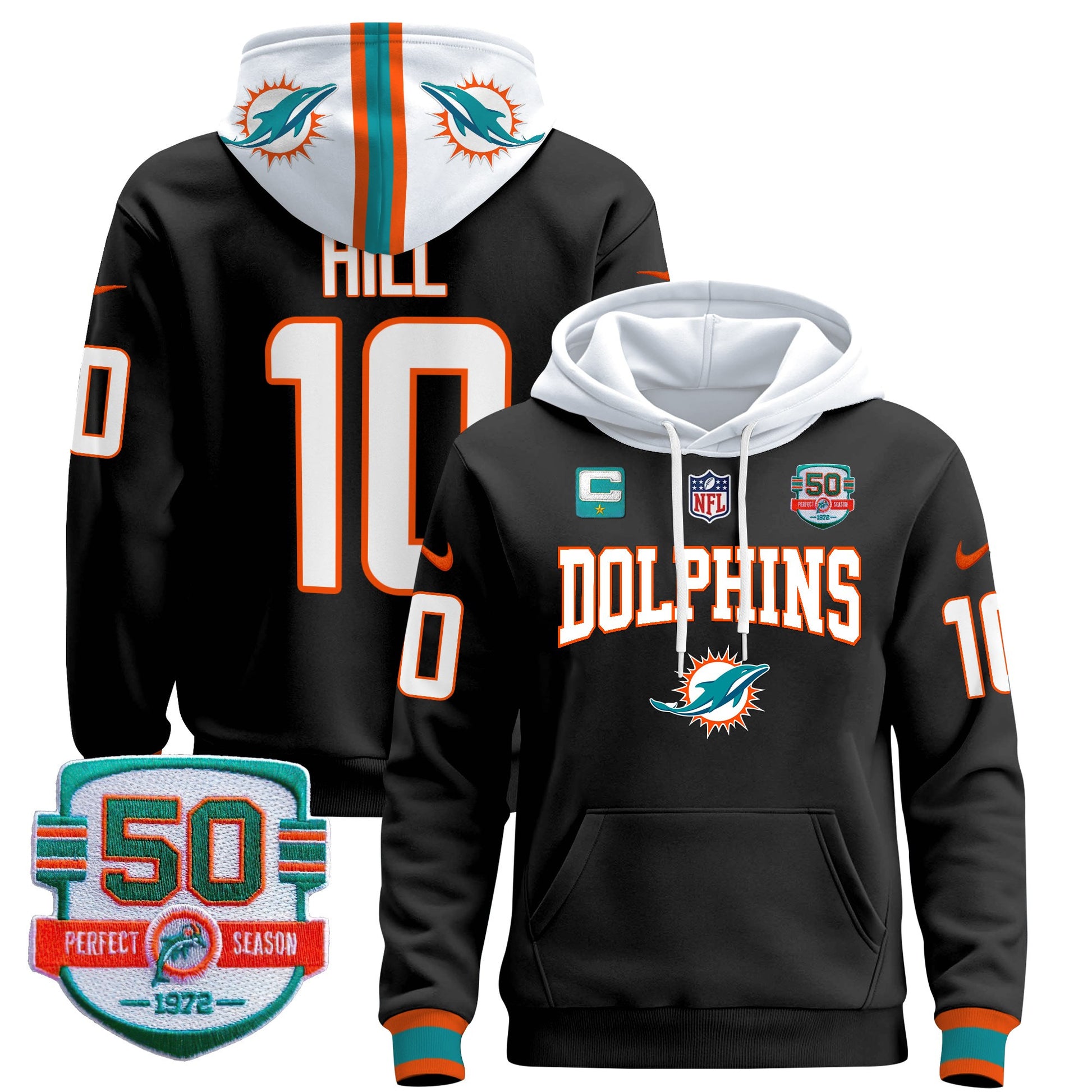 Men's Dolphins 50th 1972 Perfect Season Patch Pullover Hoodie V2 - All Stitched