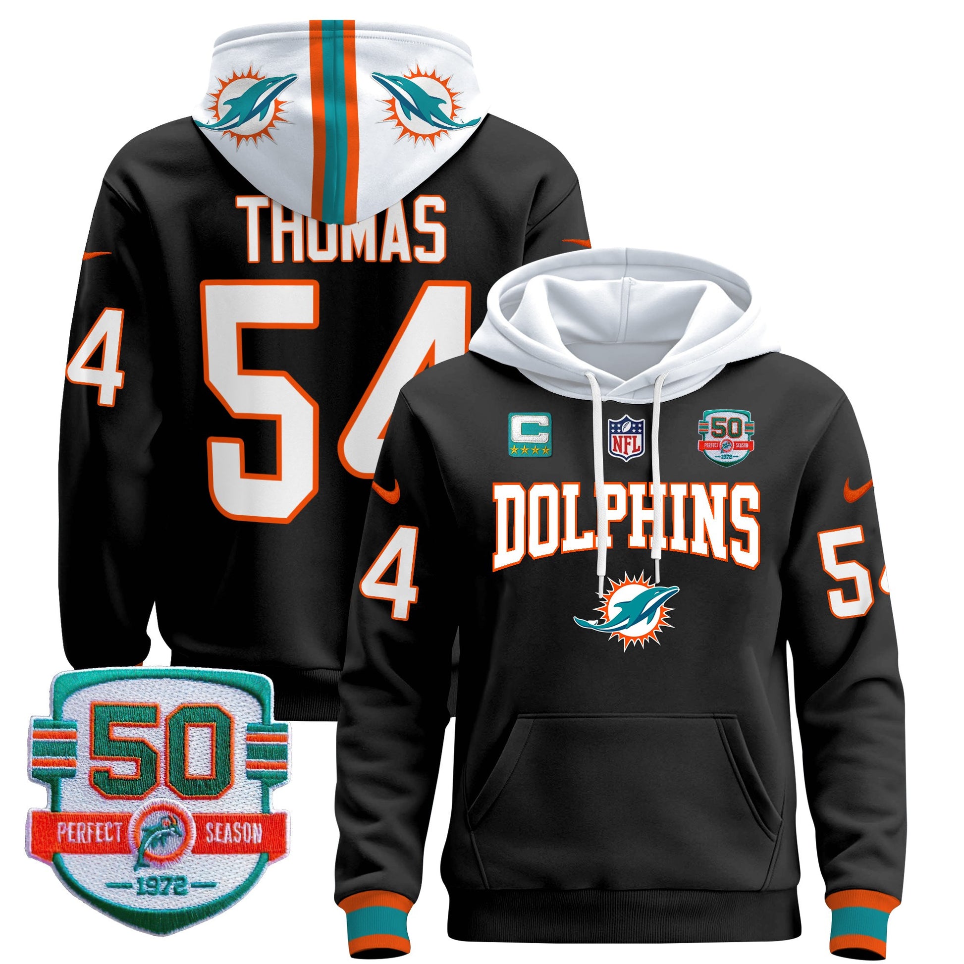 Men's Dolphins 50th 1972 Perfect Season Patch Pullover Hoodie V2 - All Stitched