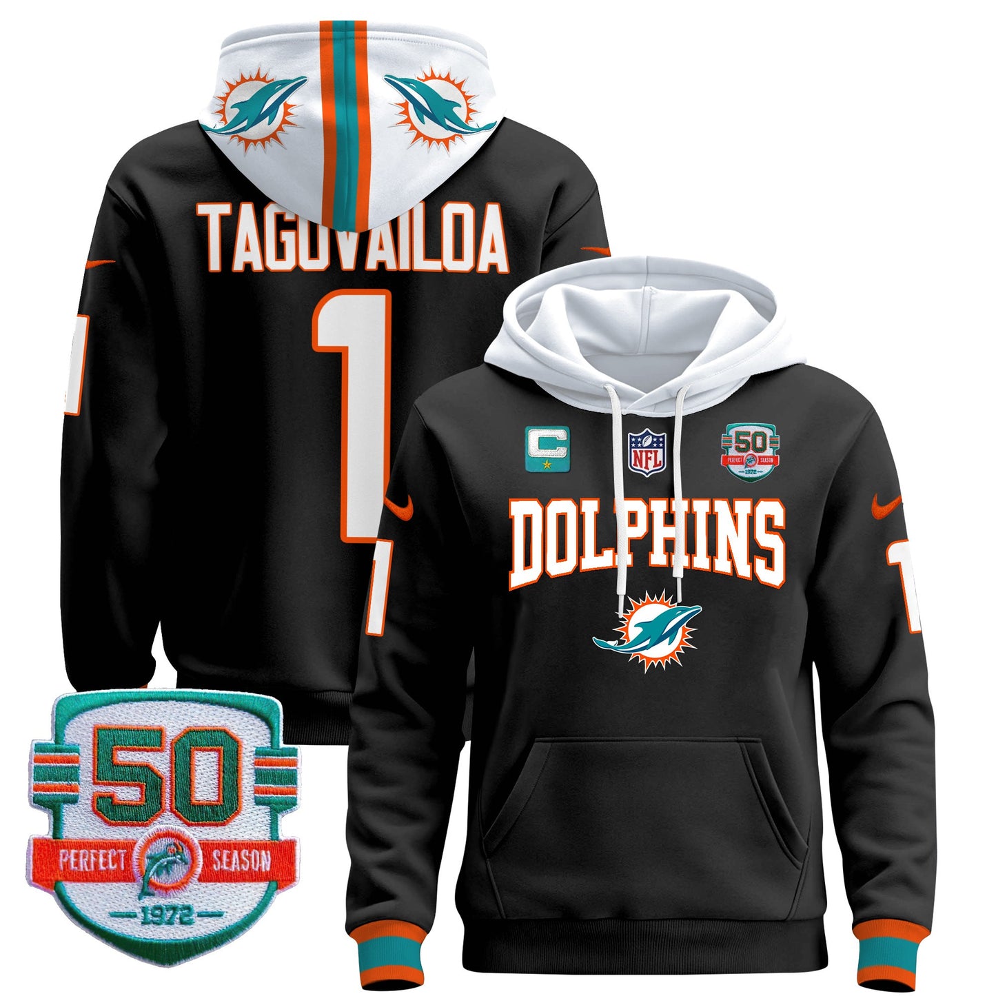 Men's Dolphins 50th 1972 Perfect Season Patch Pullover Hoodie V2 - All Stitched