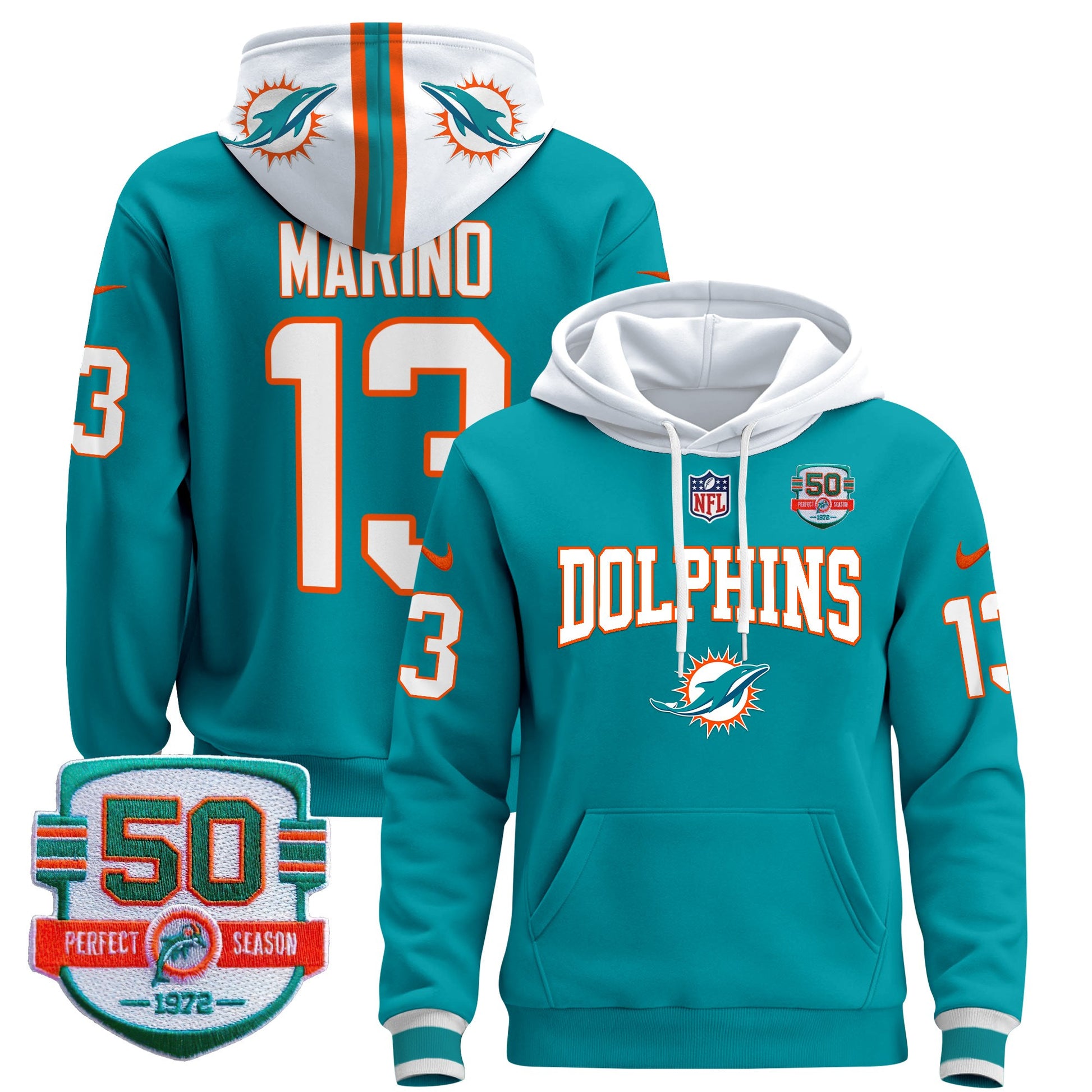 Men's Dolphins 50th 1972 Perfect Season Patch Pullover Hoodie V2 - All Stitched