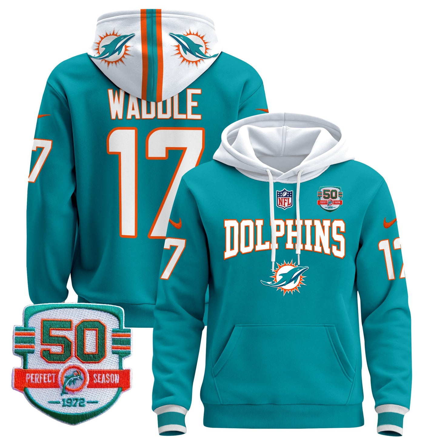 Men's Dolphins 50th 1972 Perfect Season Patch Pullover Hoodie V2 - All Stitched