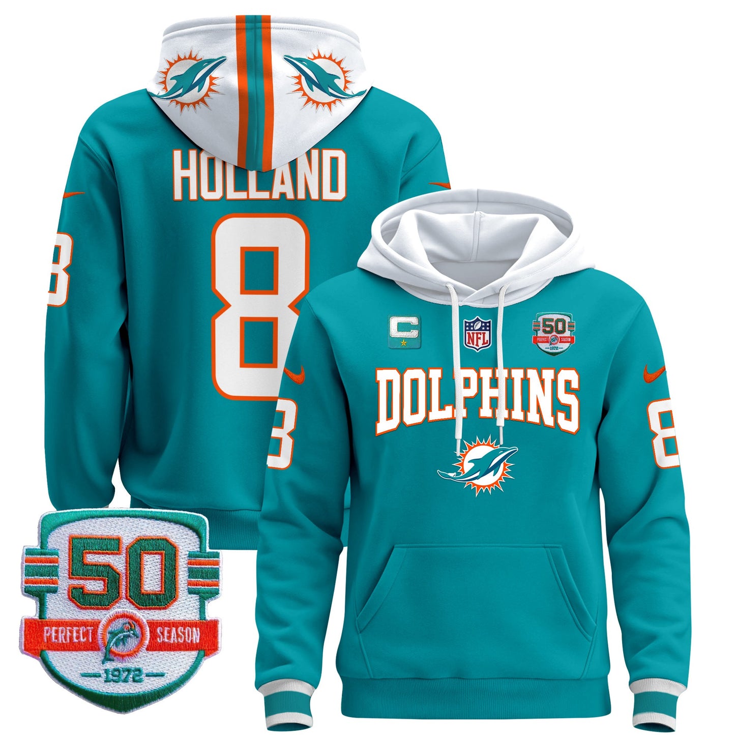 Men's Dolphins 50th 1972 Perfect Season Patch Pullover Hoodie V2 - All Stitched