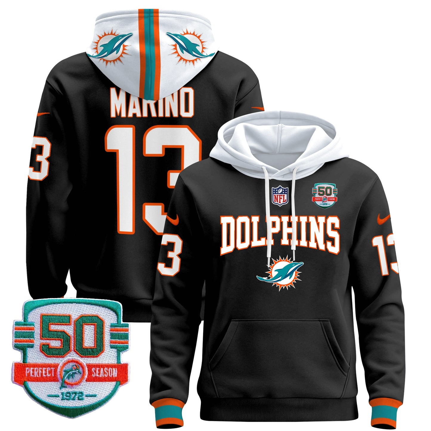 Men's Dolphins 50th 1972 Perfect Season Patch Pullover Hoodie V2 - All Stitched