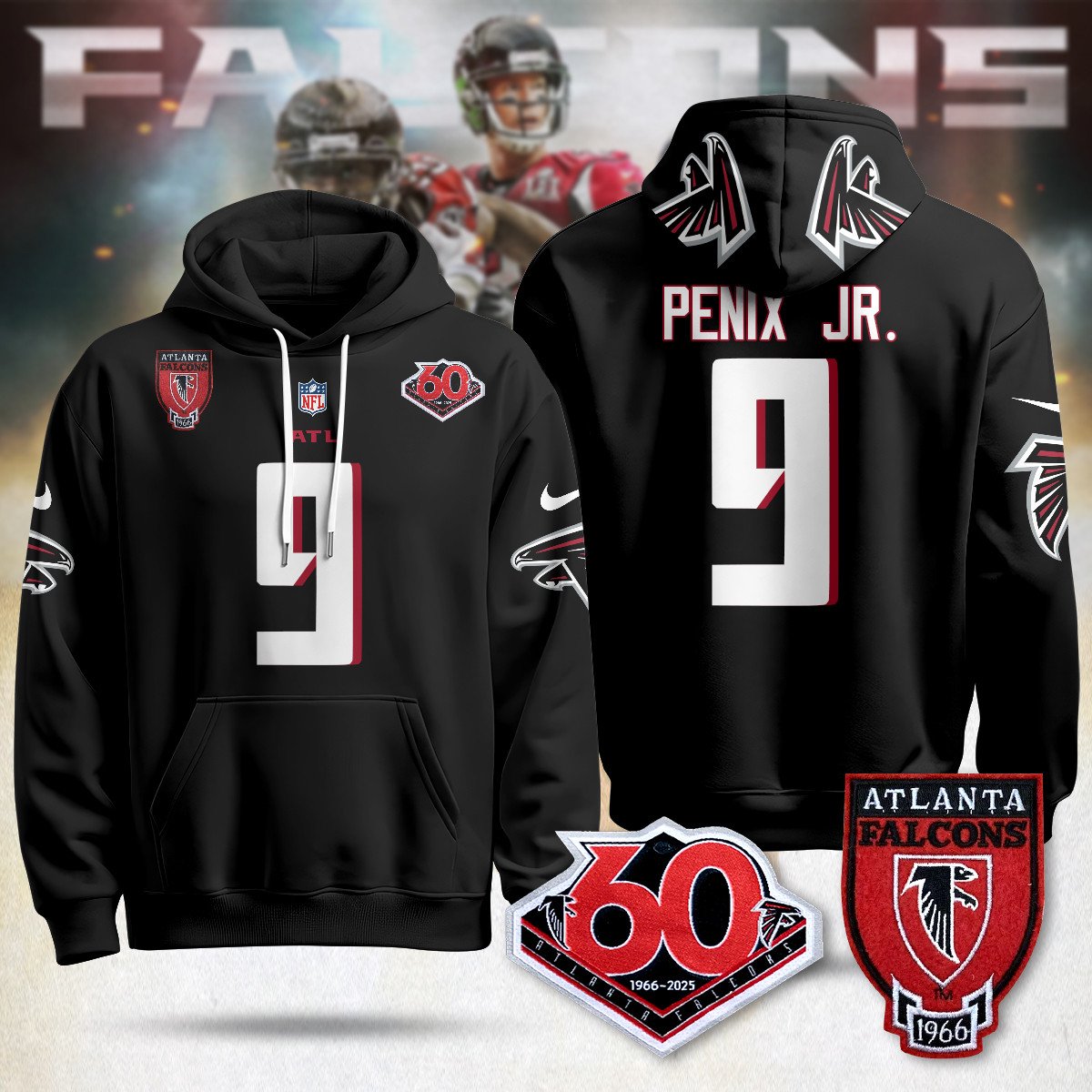Atlanta Falcons 60th Season Pullover Custom Hoodie - All Stitched