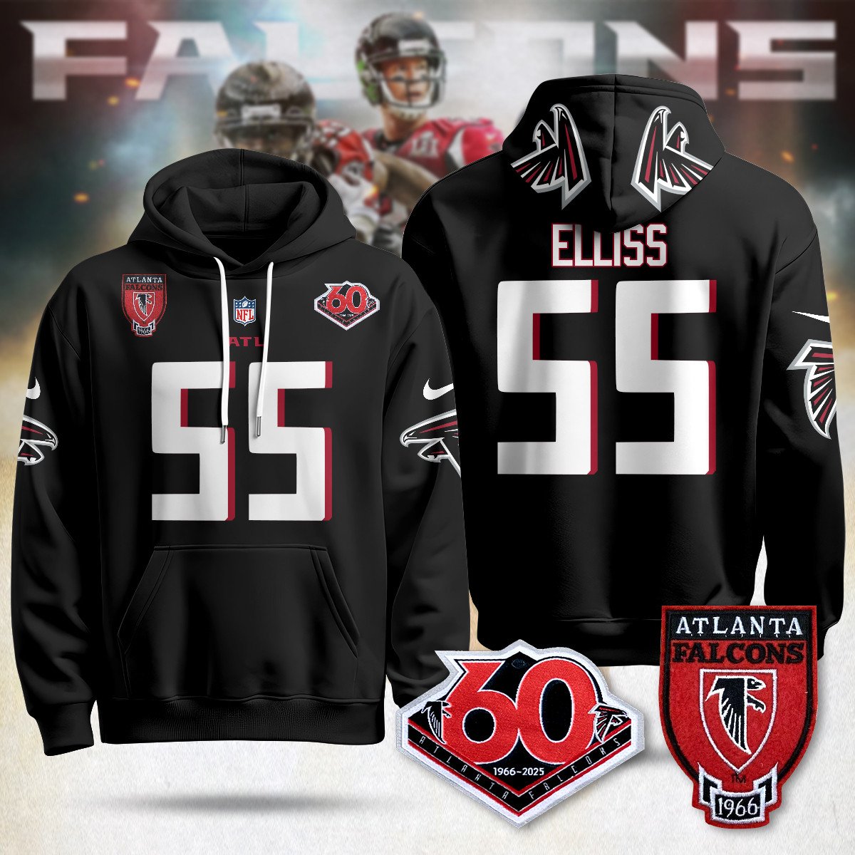 Atlanta Falcons 60th Season Pullover Custom Hoodie - All Stitched