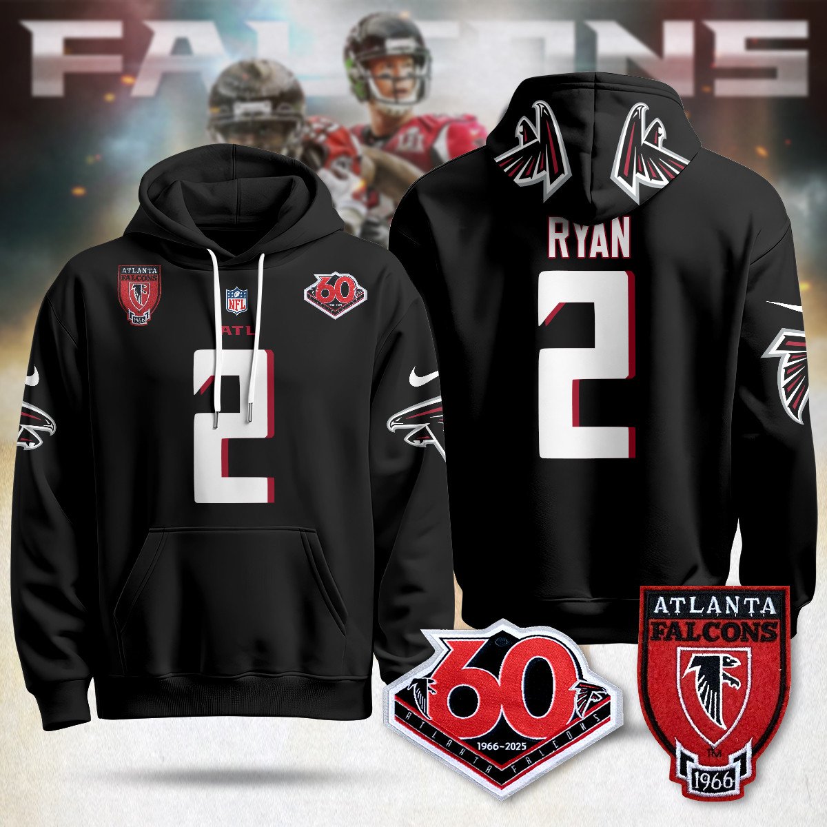 Atlanta Falcons 60th Season Pullover Custom Hoodie - All Stitched