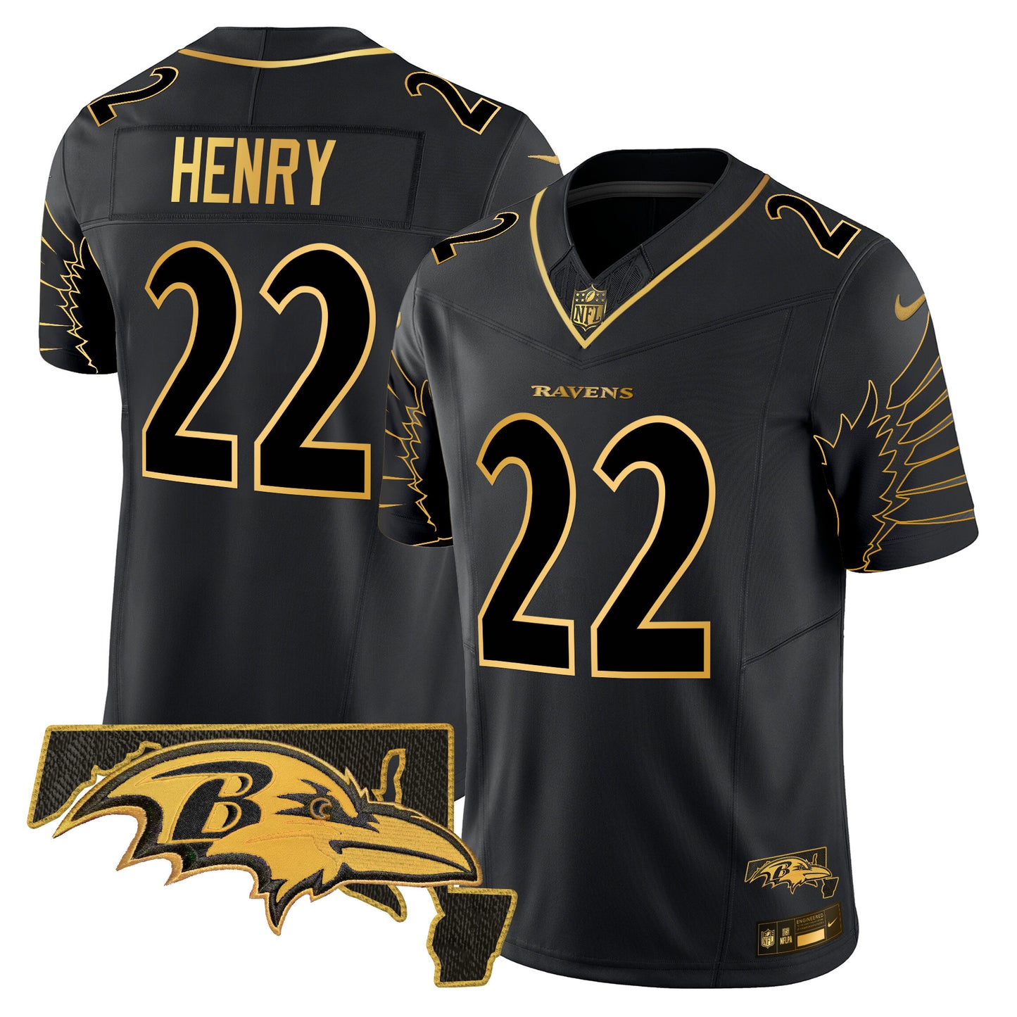 Men's Ravens Maryland Patch Gold Vapor Limited Jersey V2 - All Stitched