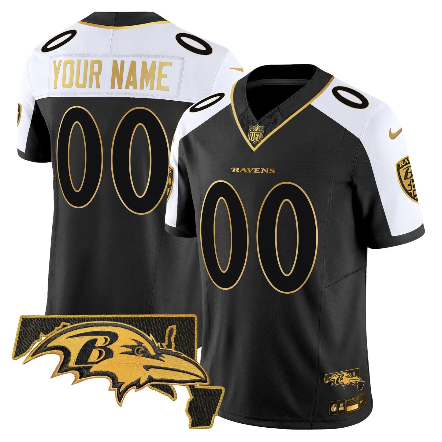 Ravens Maryland Flag Map Patch Gold Vapor Limited Custom Jersey - All Stitched