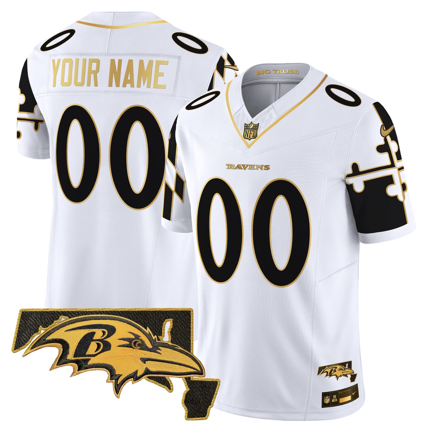 Ravens Maryland Flag Map Patch Gold Vapor Limited Custom Jersey - All Stitched