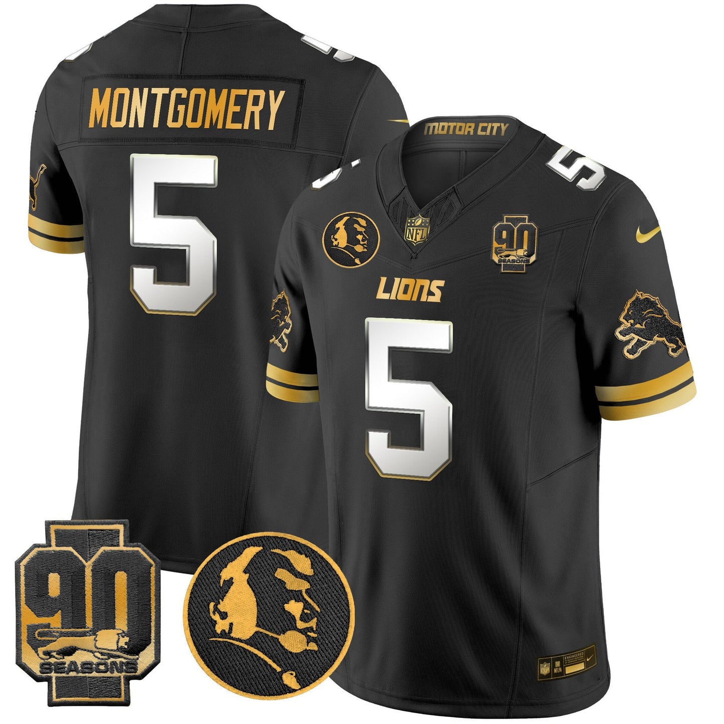Men's Detroit Lions 2024 90th & John Madden Patch Gold Vapor Limited Jersey V2 - All Stitched