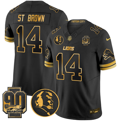 Men's Detroit Lions 2024 90th & John Madden Patch Gold Vapor Limited Jersey V2 - All Stitched