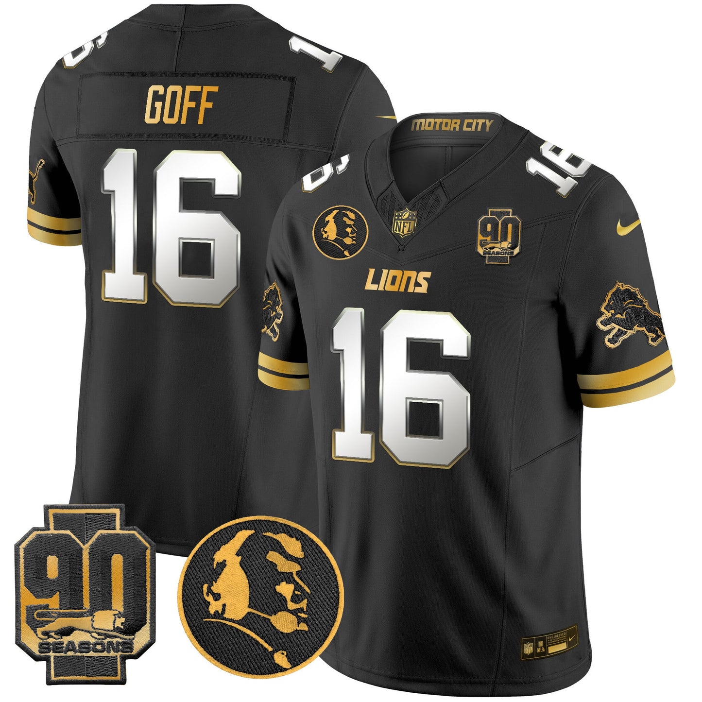 Men's Detroit Lions 2024 90th & John Madden Patch Gold Vapor Limited Jersey V2 - All Stitched