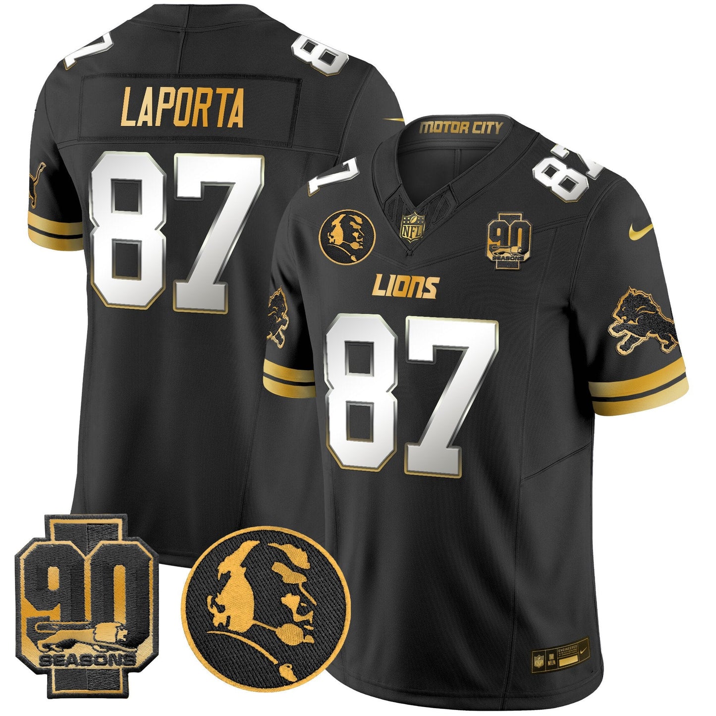 Men's Detroit Lions 2024 90th & John Madden Patch Gold Vapor Limited Jersey V2 - All Stitched