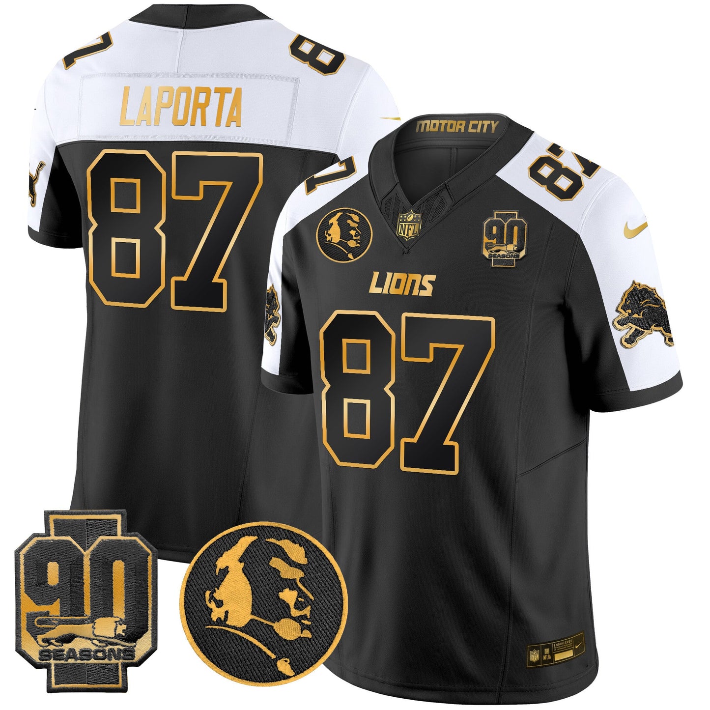 Men's Detroit Lions 2024 90th & John Madden Patch Gold Vapor Limited Jersey V2 - All Stitched