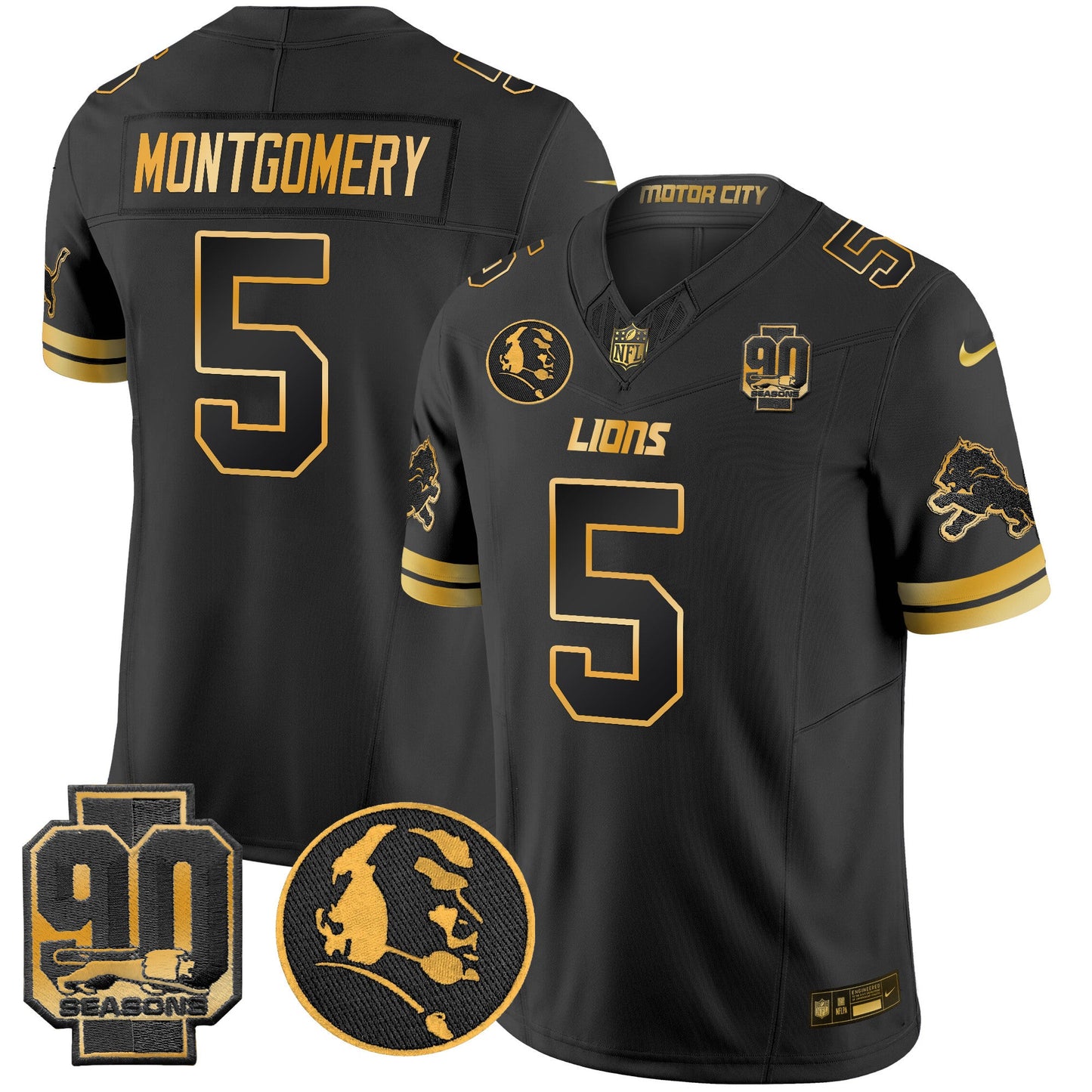 Men's Detroit Lions 2024 90th & John Madden Patch Gold Vapor Limited Jersey V2 - All Stitched