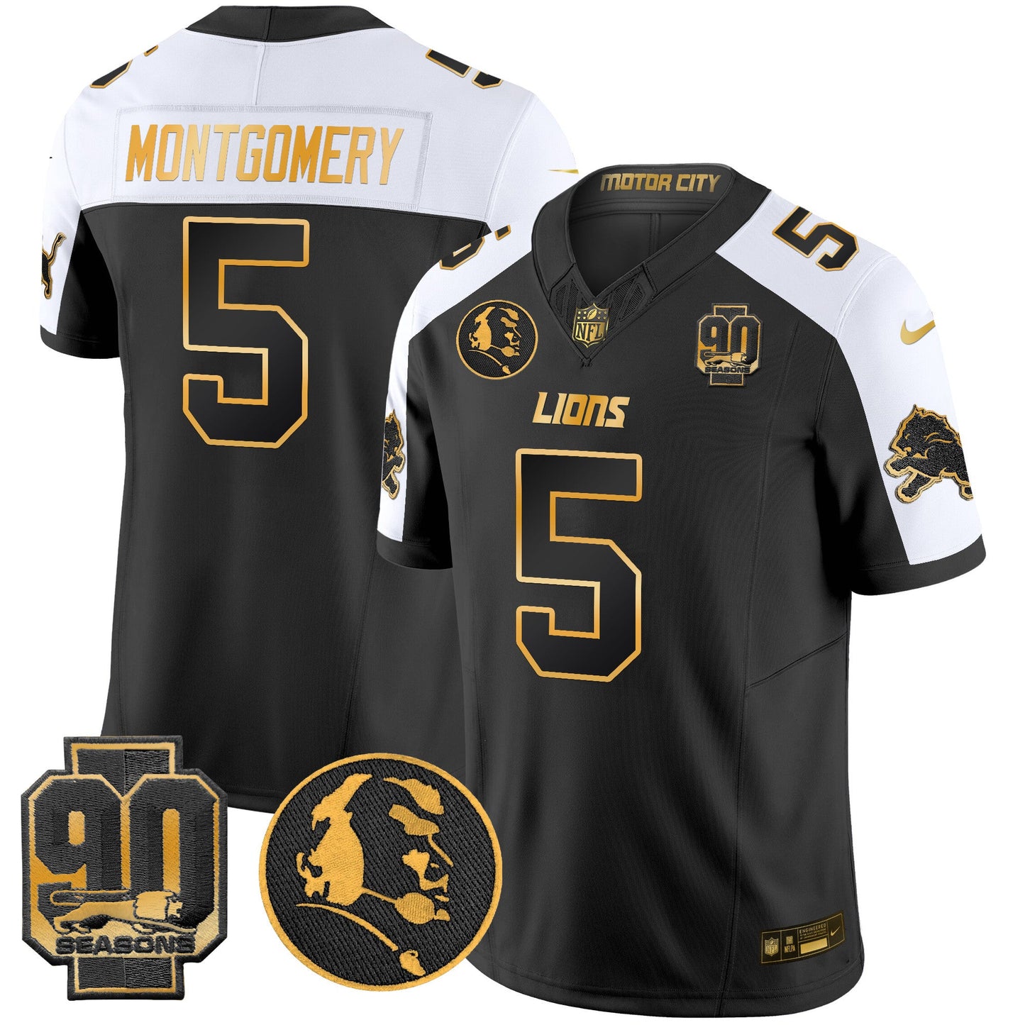 Men's Detroit Lions 2024 90th & John Madden Patch Gold Vapor Limited Jersey V2 - All Stitched
