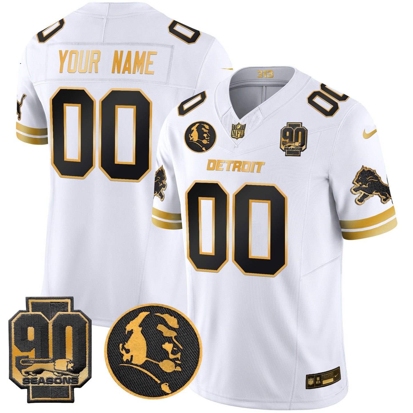 Detroit Lions 2024 90th & John Madden Patch Gold Vapor Limited Custom Jersey V2 - All Stitched