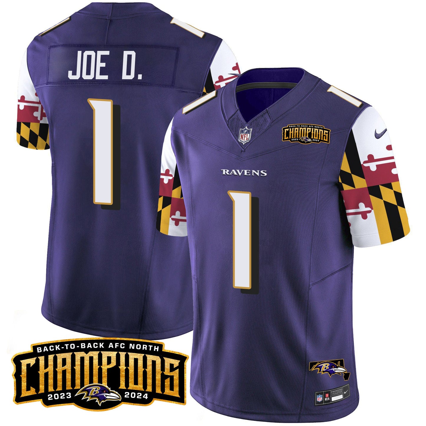 Ravens Maryland Flag Back To Back AFC North Champions Patch Vapor Limited Jersey - All Stitched
