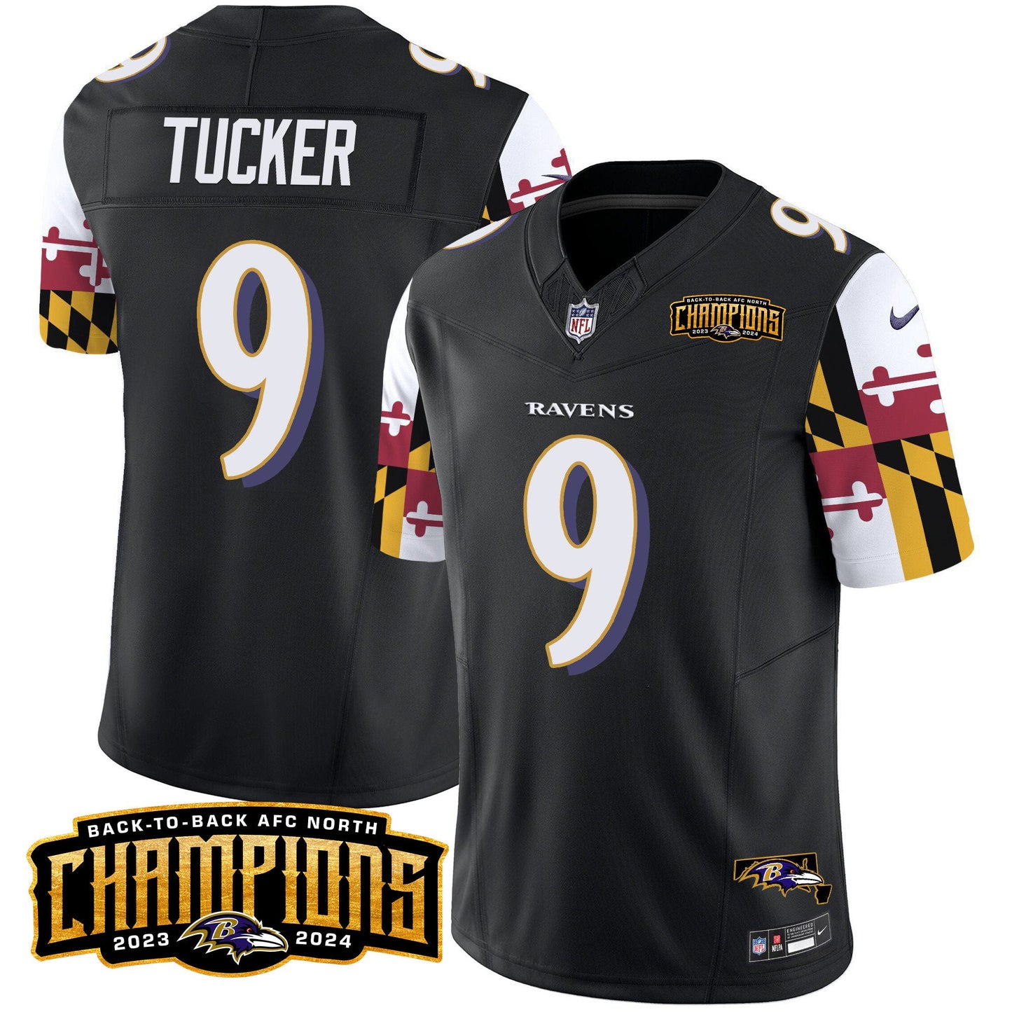 Ravens Maryland Flag Back To Back AFC North Champions Patch Vapor Limited Jersey - All Stitched