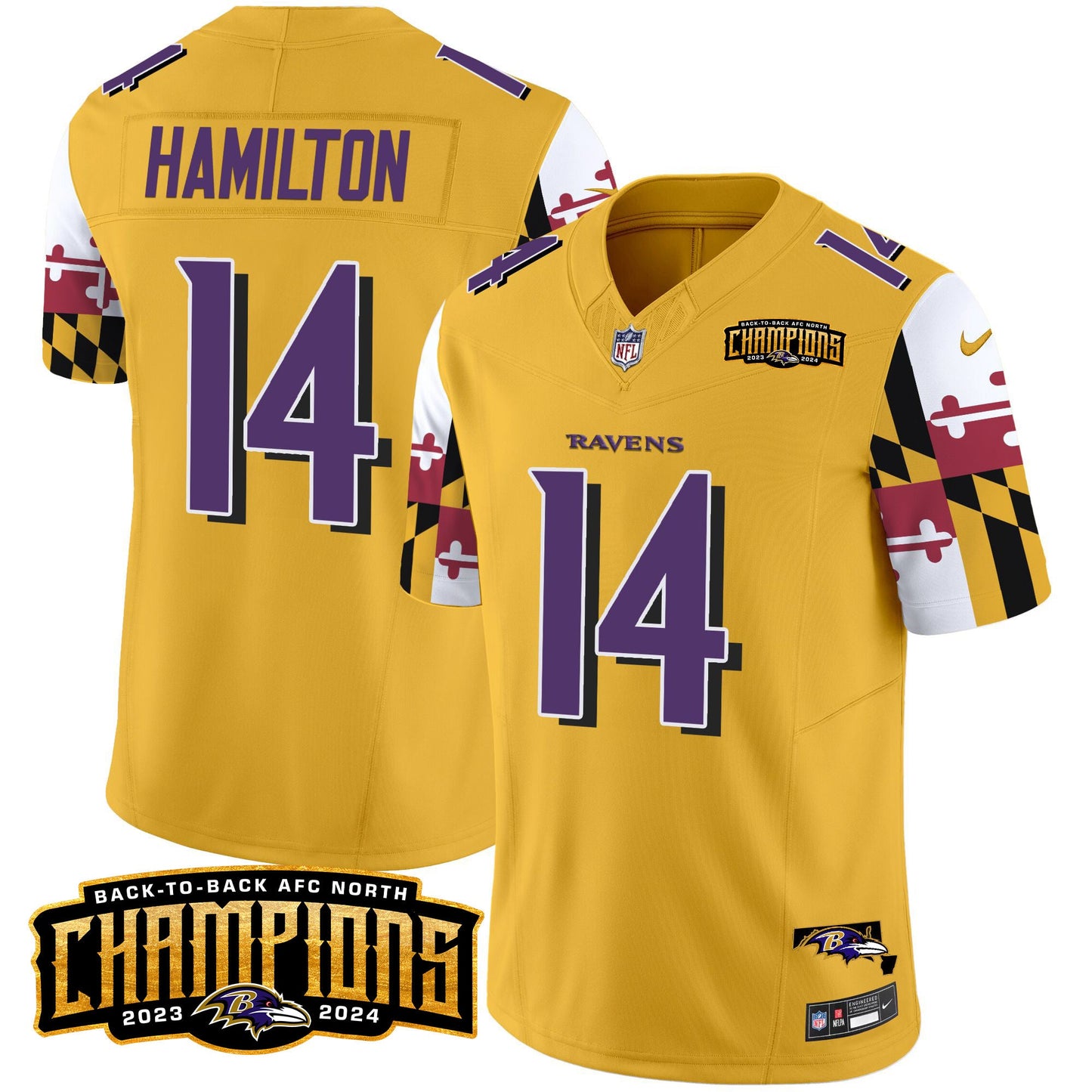 Ravens Maryland Flag Back To Back AFC North Champions Patch Vapor Limited Jersey - All Stitched