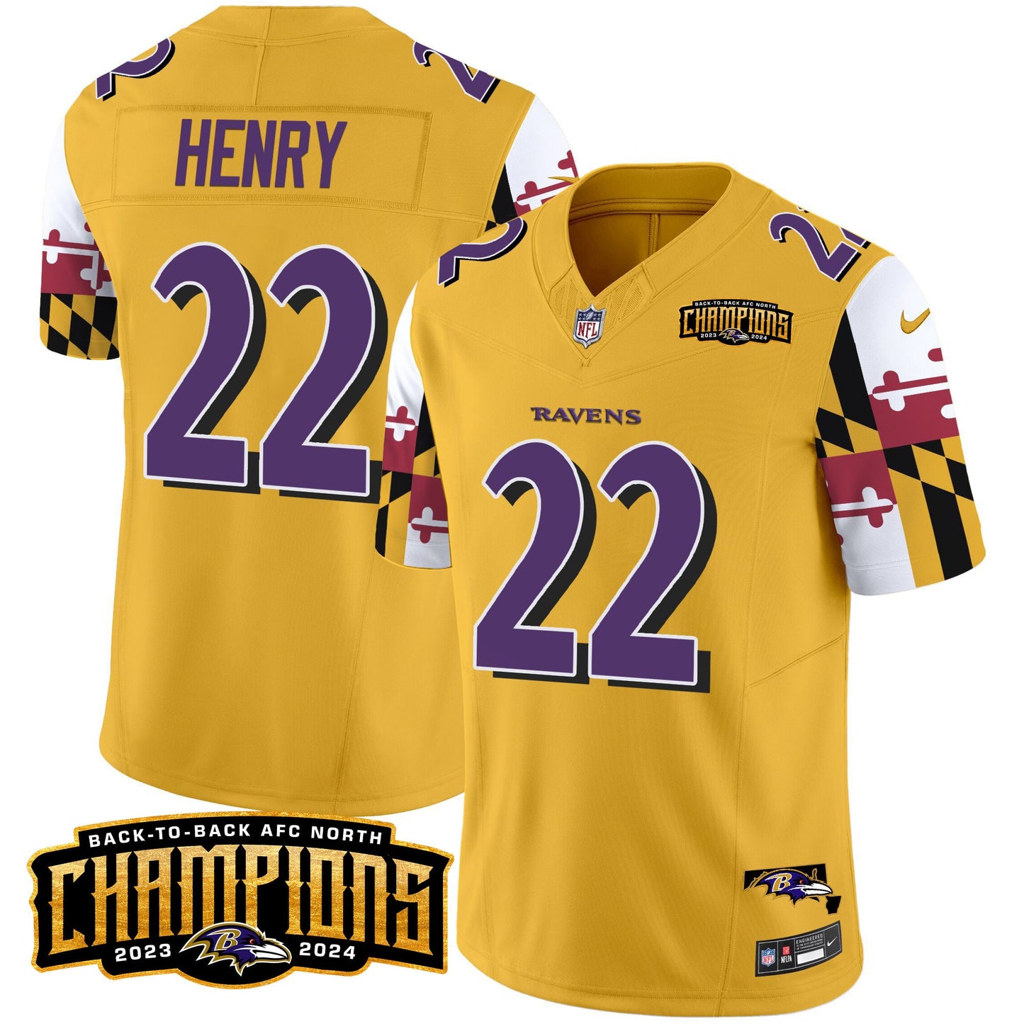 Ravens Maryland Flag Back To Back AFC North Champions Patch Vapor Limited Jersey - All Stitched