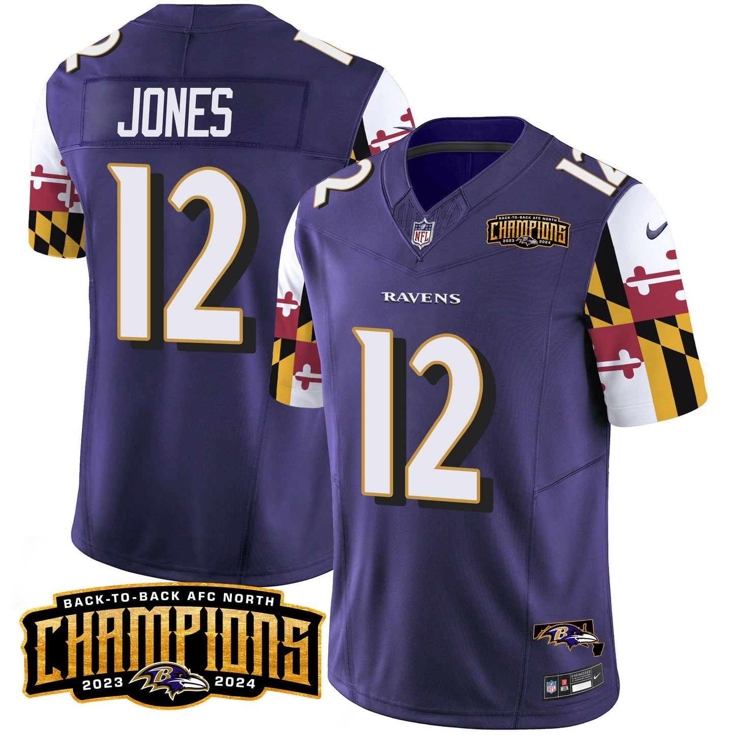 Ravens Maryland Flag Back To Back AFC North Champions Patch Vapor Limited Jersey - All Stitched