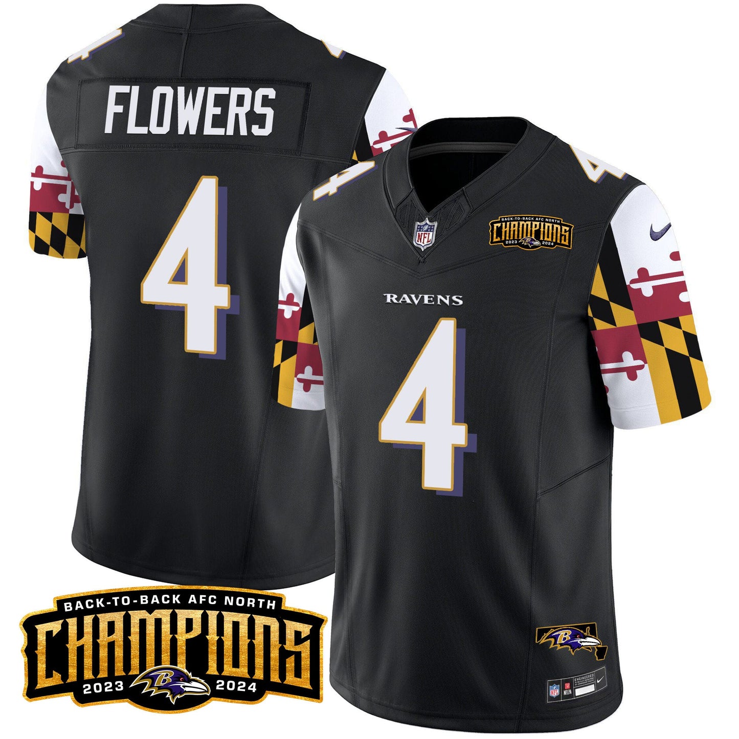 Ravens Maryland Flag Back To Back AFC North Champions Patch Vapor Limited Jersey - All Stitched