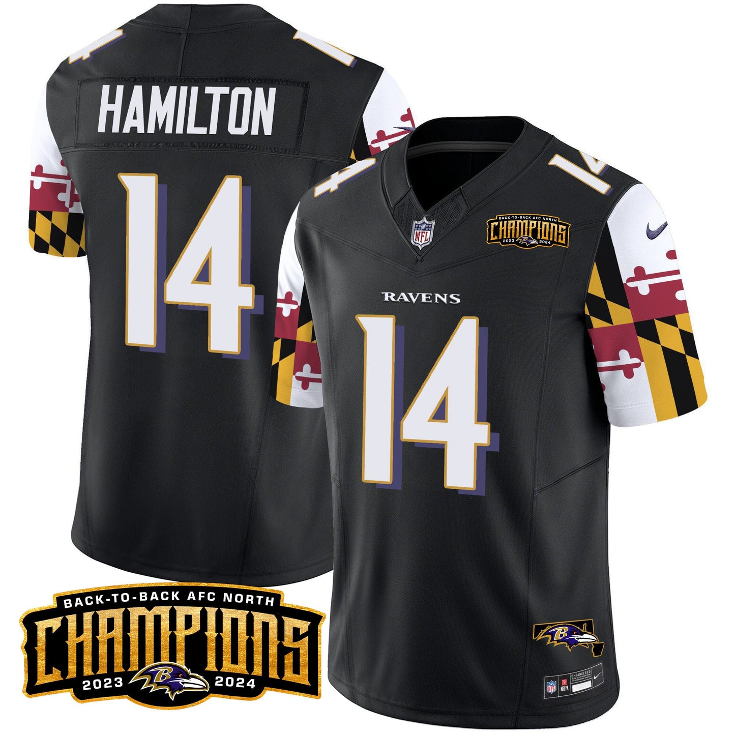 Ravens Maryland Flag Back To Back AFC North Champions Patch Vapor Limited Jersey - All Stitched