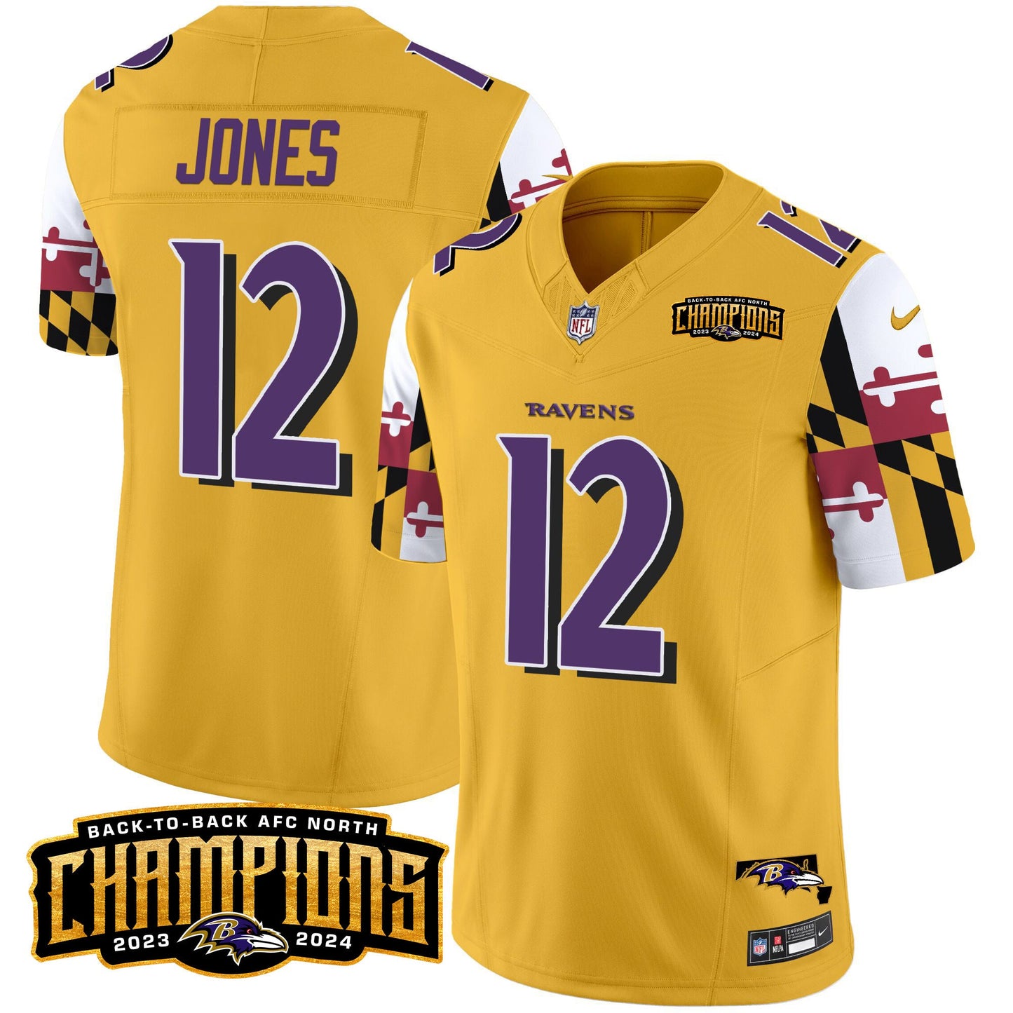 Ravens Maryland Flag Back To Back AFC North Champions Patch Vapor Limited Jersey - All Stitched