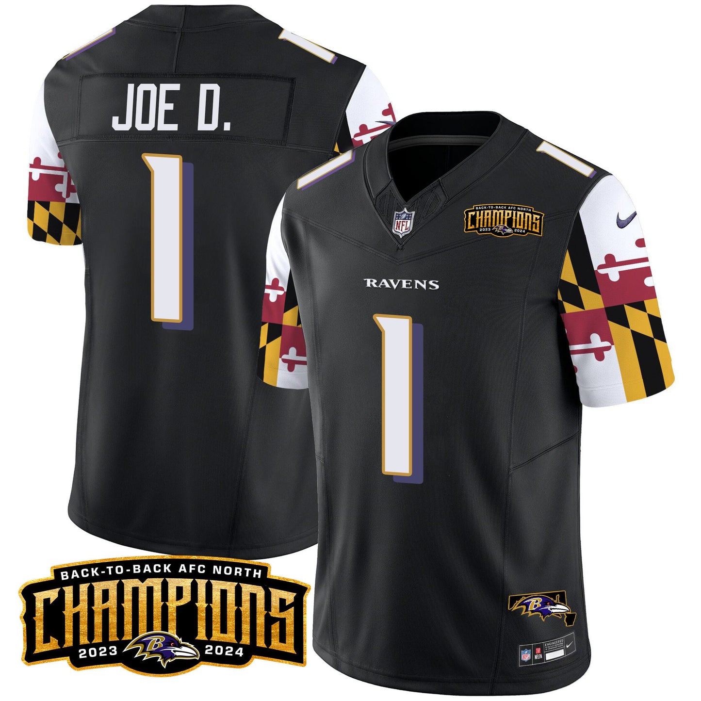 Ravens Maryland Flag Back To Back AFC North Champions Patch Vapor Limited Jersey - All Stitched