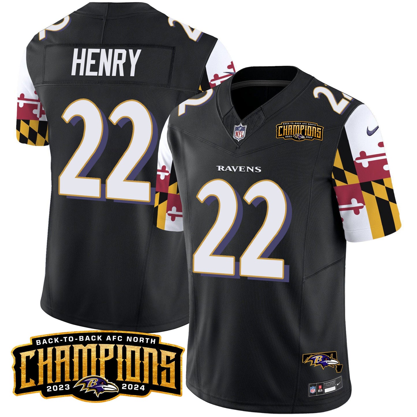 Ravens Maryland Flag Back To Back AFC North Champions Patch Vapor Limited Jersey - All Stitched