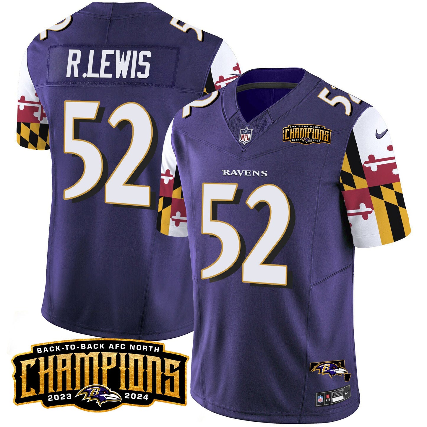 Ravens Maryland Flag Back To Back AFC North Champions Patch Vapor Limited Jersey - All Stitched
