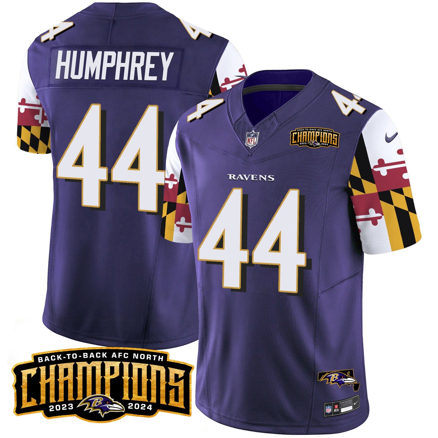 Ravens Maryland Flag Back To Back AFC North Champions Patch Vapor Limited Jersey - All Stitched