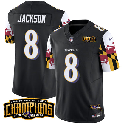 Ravens Maryland Flag Back To Back AFC North Champions Patch Vapor Limited Jersey - All Stitched