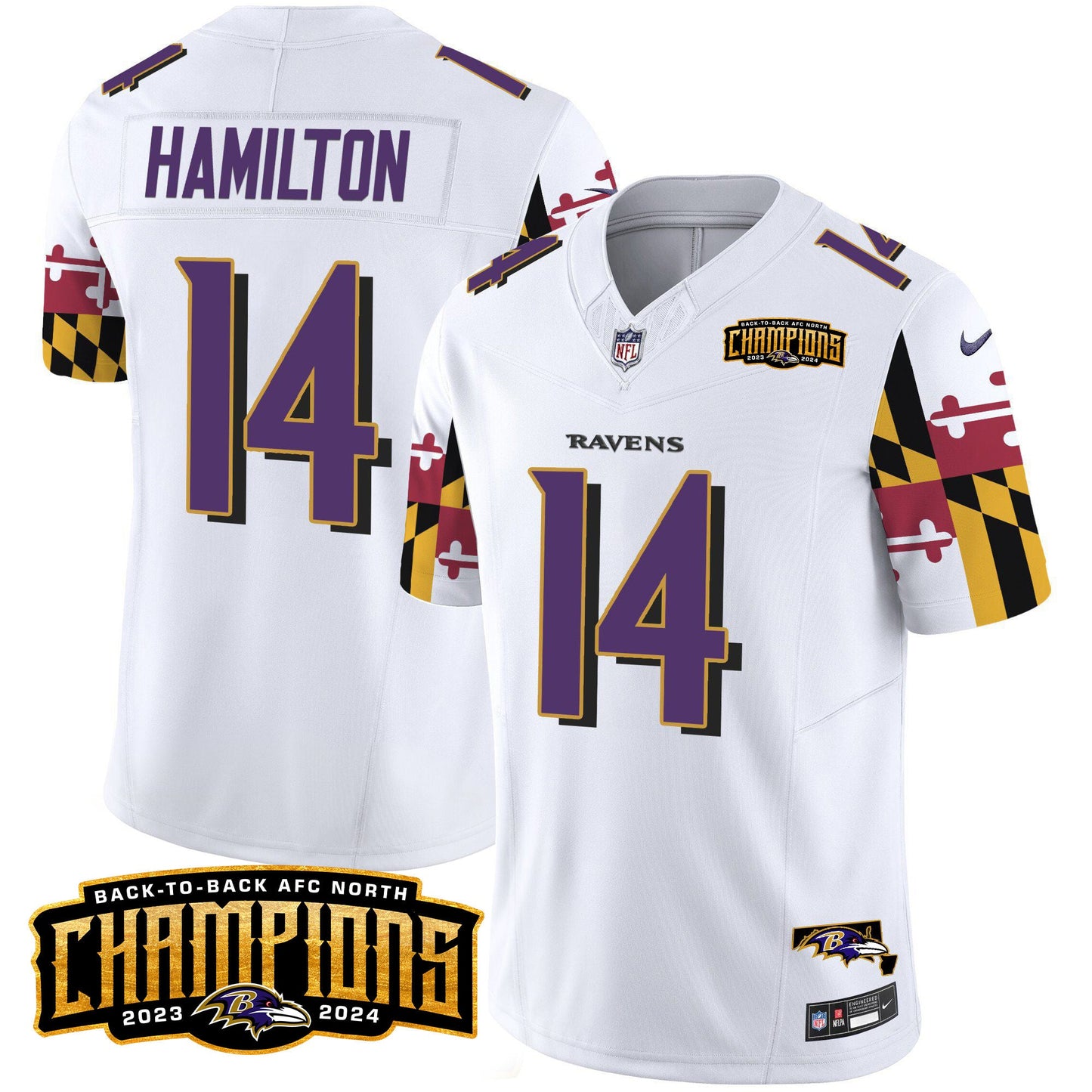 Ravens Maryland Flag Back To Back AFC North Champions Patch Vapor Limited Jersey - All Stitched