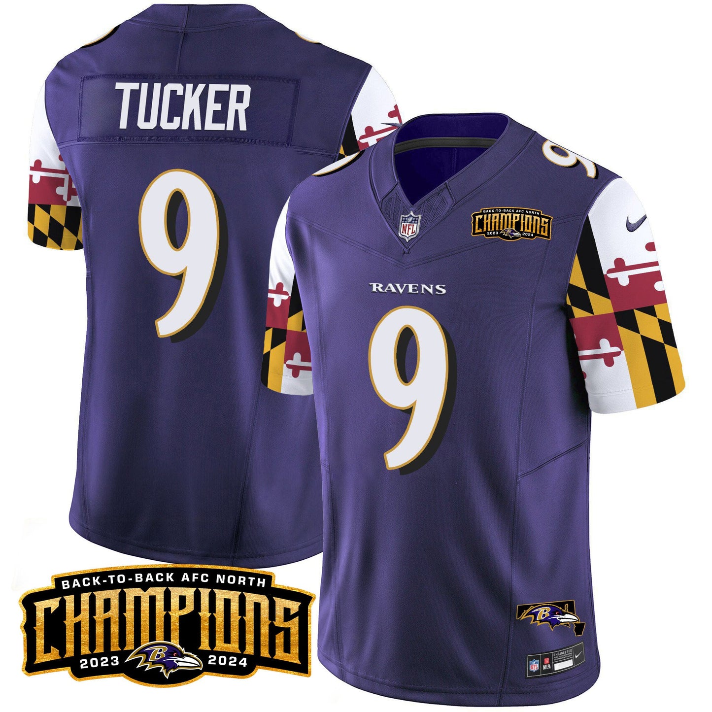 Ravens Maryland Flag Back To Back AFC North Champions Patch Vapor Limited Jersey - All Stitched