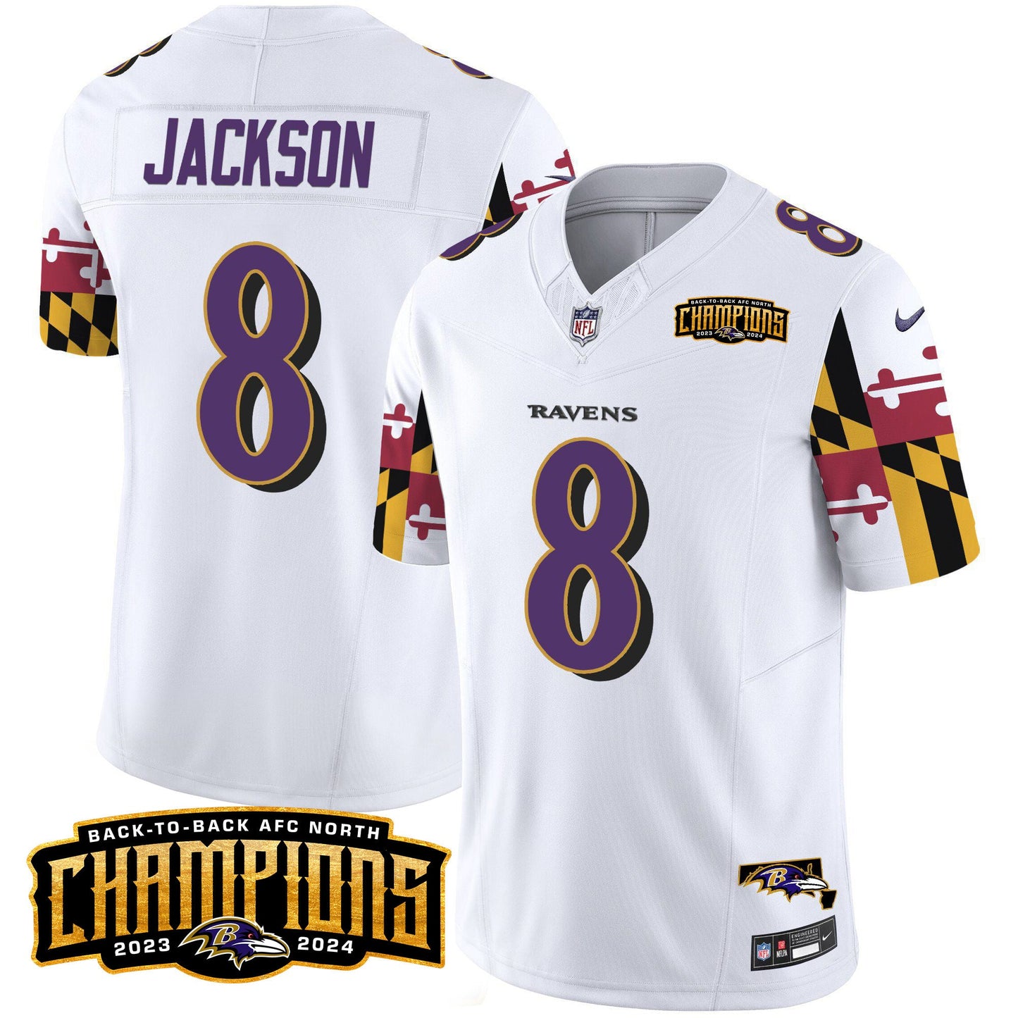 Ravens Maryland Flag Back To Back AFC North Champions Patch Vapor Limited Jersey - All Stitched