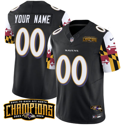 Ravens Maryland Flag Back To Back AFC North Champions Patch Vapor Limited Custom Jersey - All Stitched