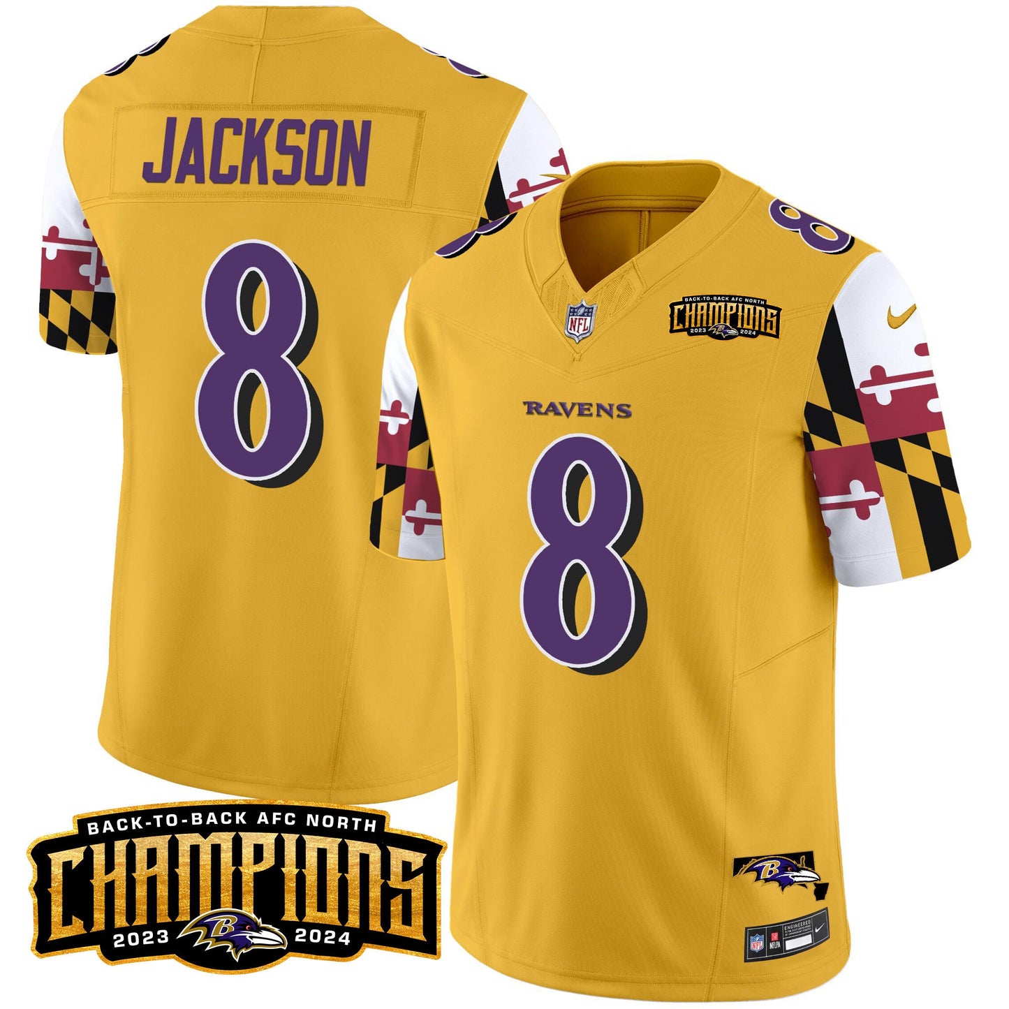 Ravens Maryland Flag Back To Back AFC North Champions Patch Vapor Limited Jersey - All Stitched