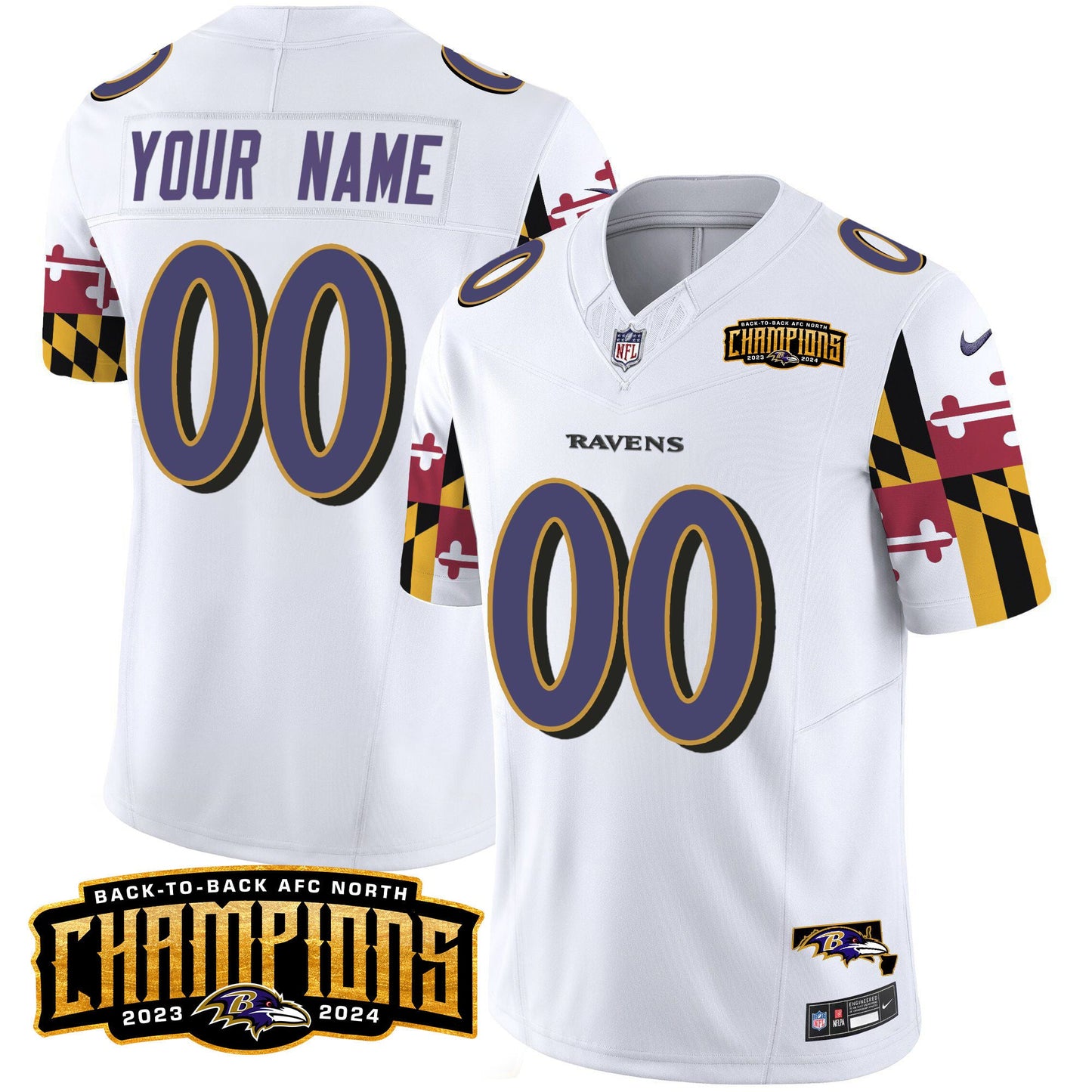Ravens Maryland Flag Back To Back AFC North Champions Patch Vapor Limited Custom Jersey - All Stitched